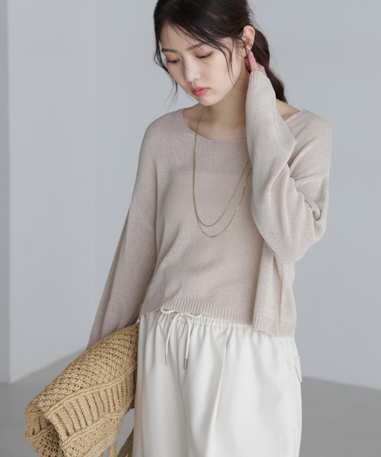 透かしあみ天竺短丈ニット