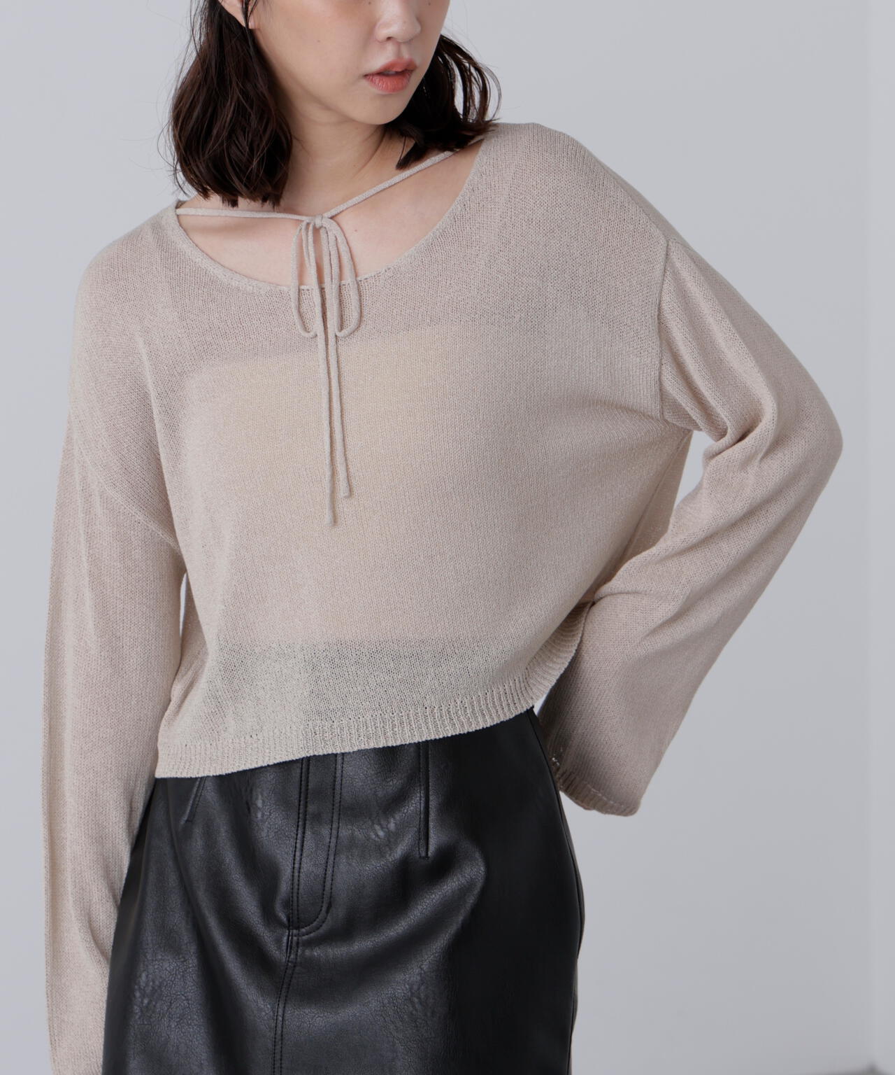 透かしあみ天竺短丈ニット