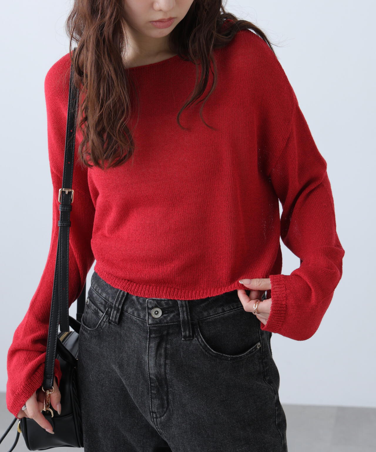 透かしあみ天竺短丈ニット