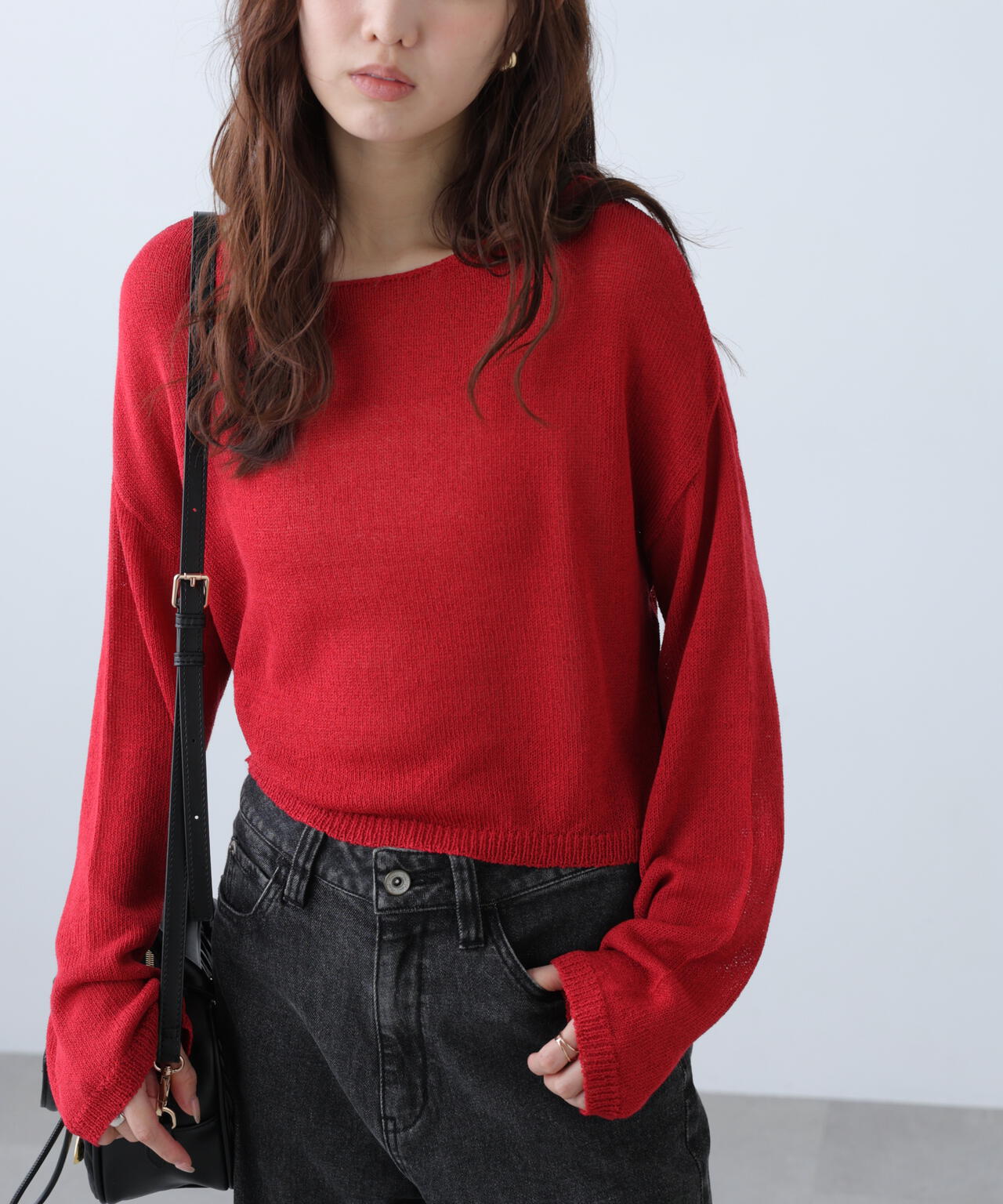 透かしあみ天竺短丈ニット