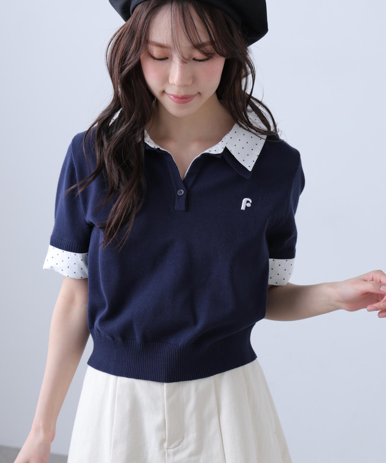 ヨリ 25SS マリンドットパフポロニット カットソー 五分袖 F ネイビー CIH0419B0002_l_c103.jpg