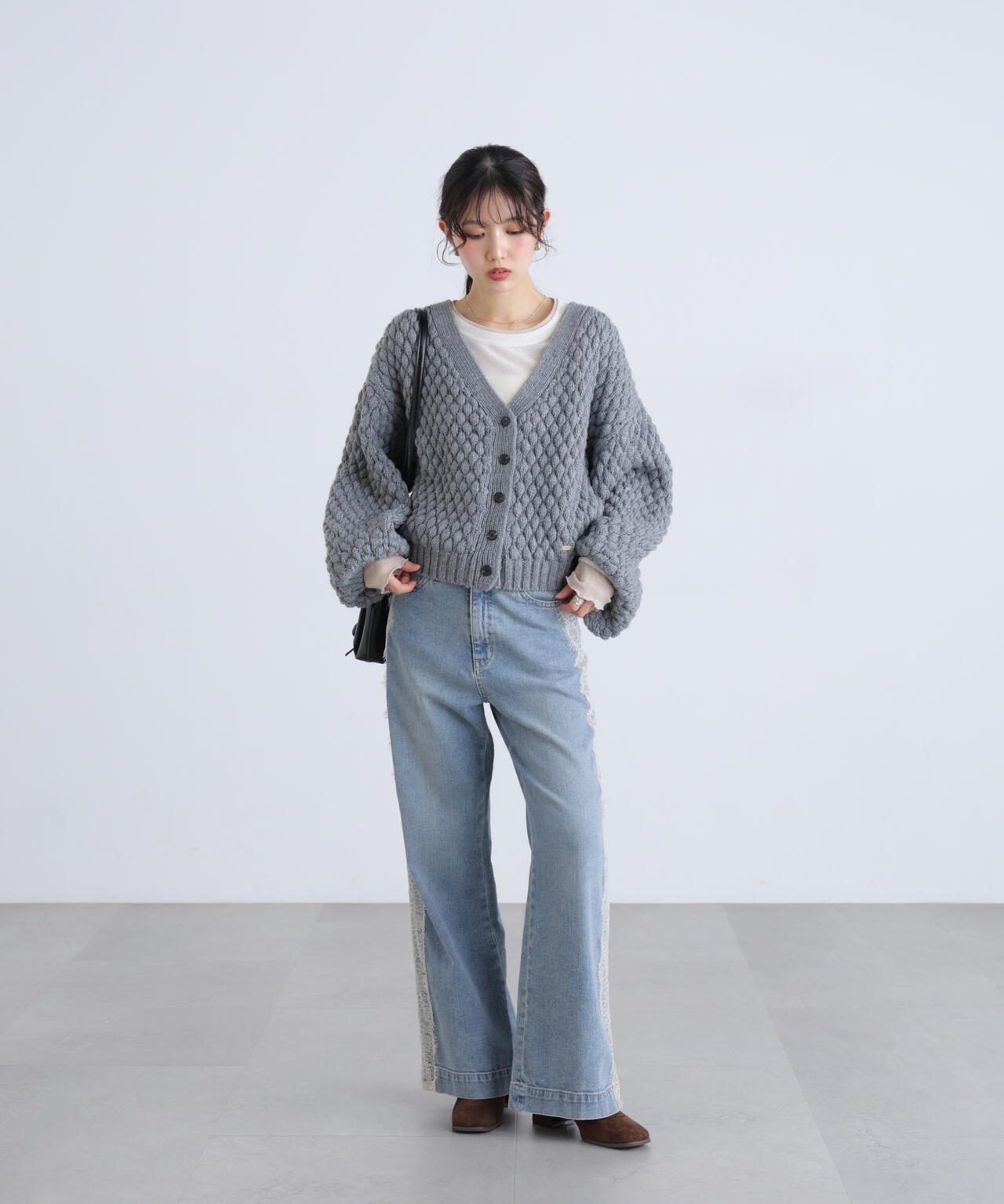 低身長サイズ/Sシリーズ]ベーシックワイドサイドレースデニムパンツ