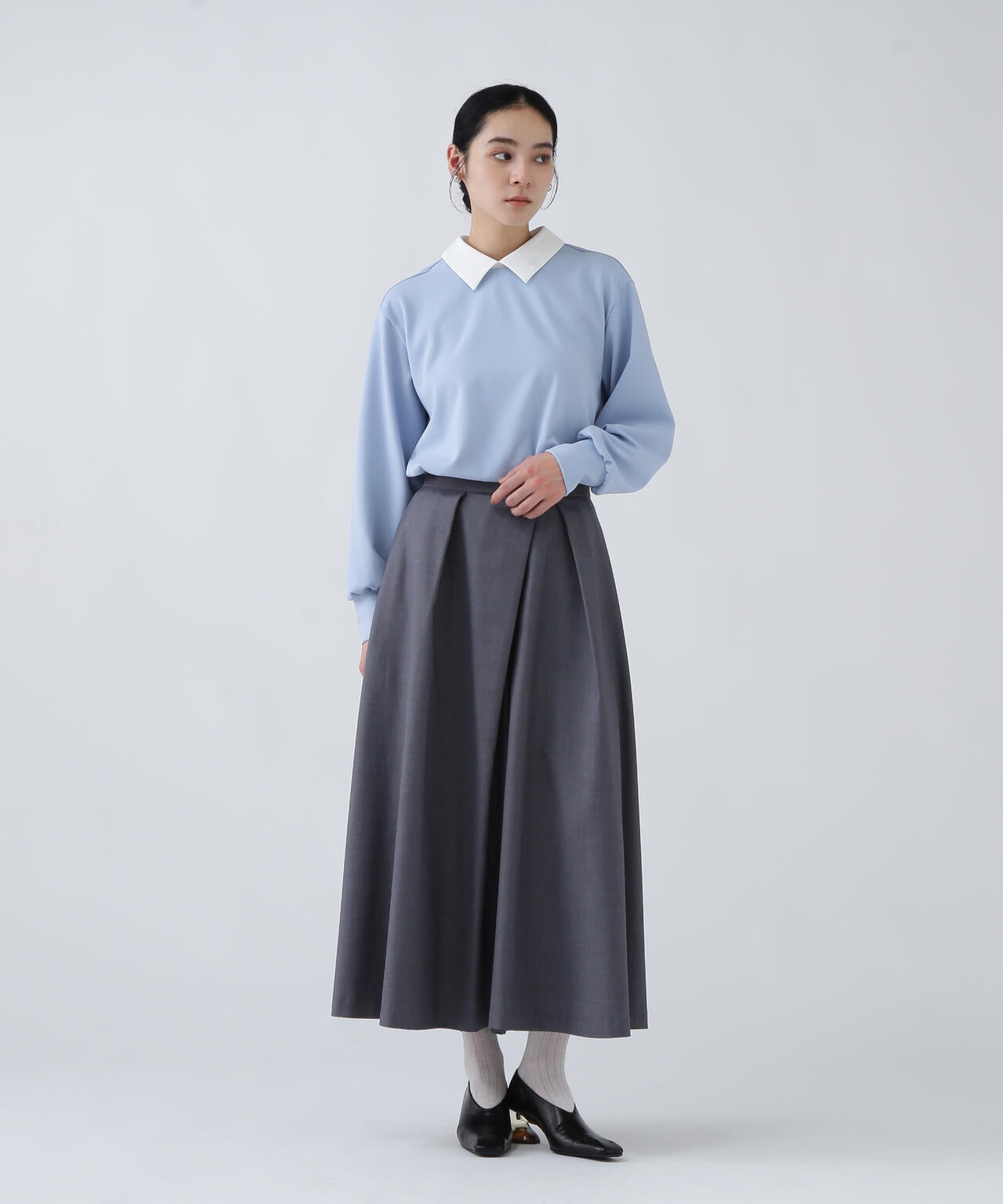 【瞬間コ－デ】襟をオンオフ。洗える楽ちんキレイ見えジャージークレリックブラウス