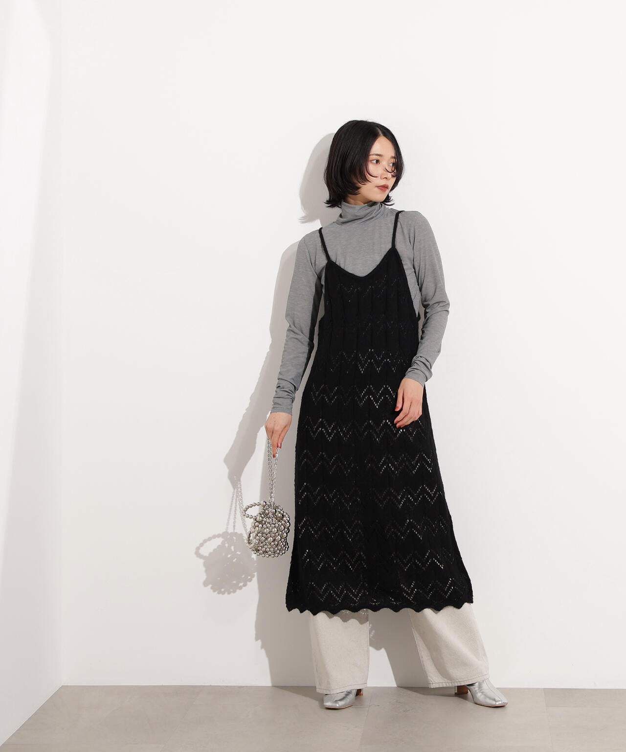 岸本セシルさん着用】透かし編みニットキャミワンピース | N