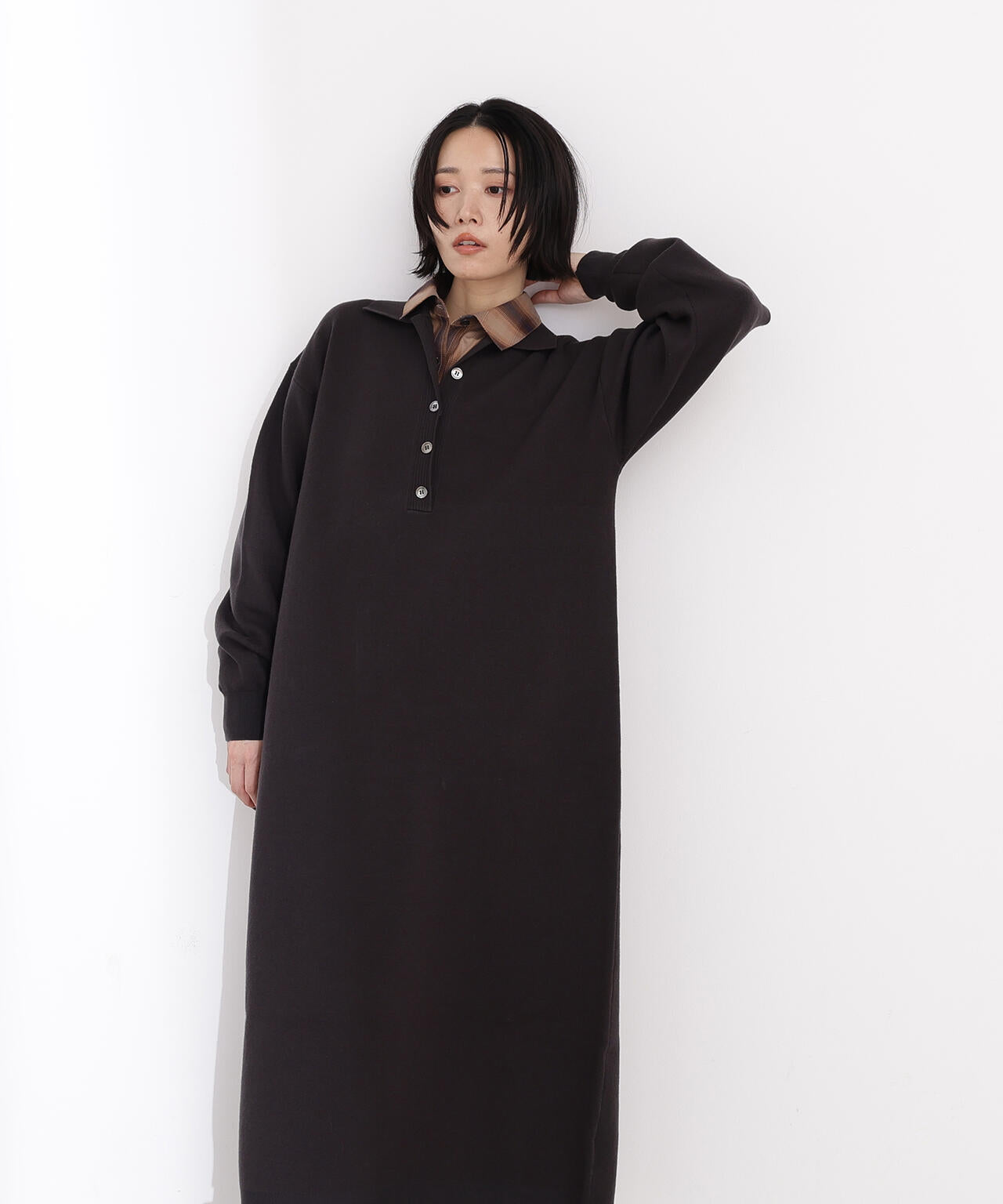 スキッパーネックニットワンピース