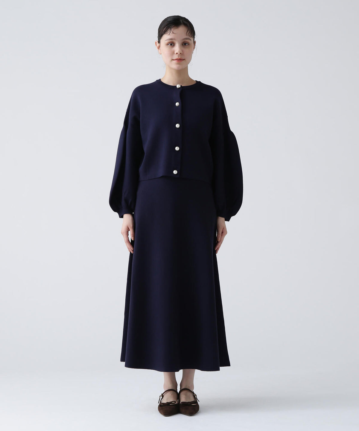 瞬間コーデ】洗える楽ちんキレイ見え2WAYパールボタンニットアップ  