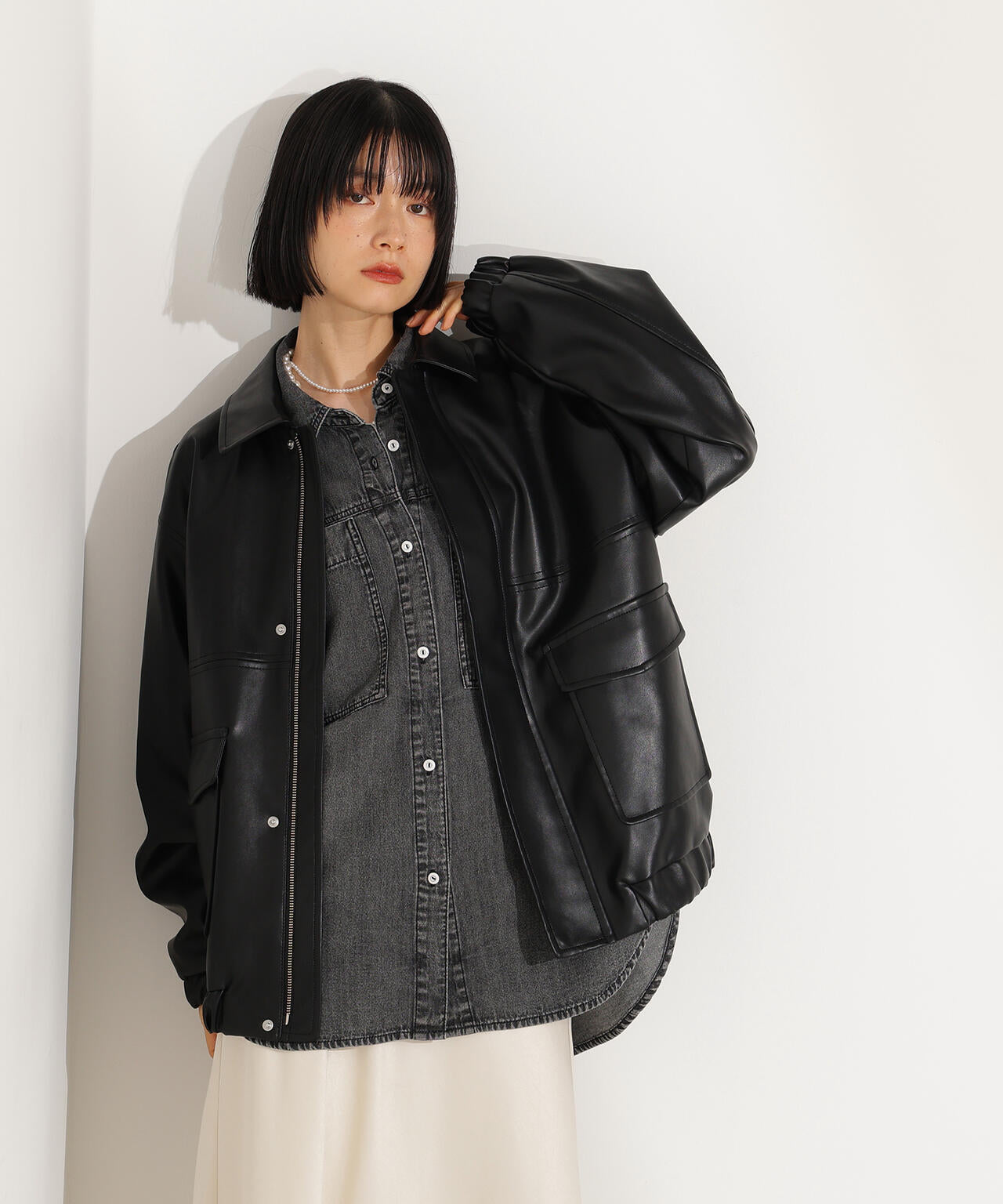 フェイクレザーステンカラーブルゾン