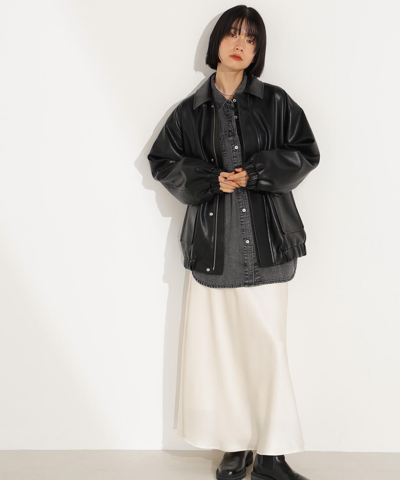フェイクレザーステンカラーブルゾン