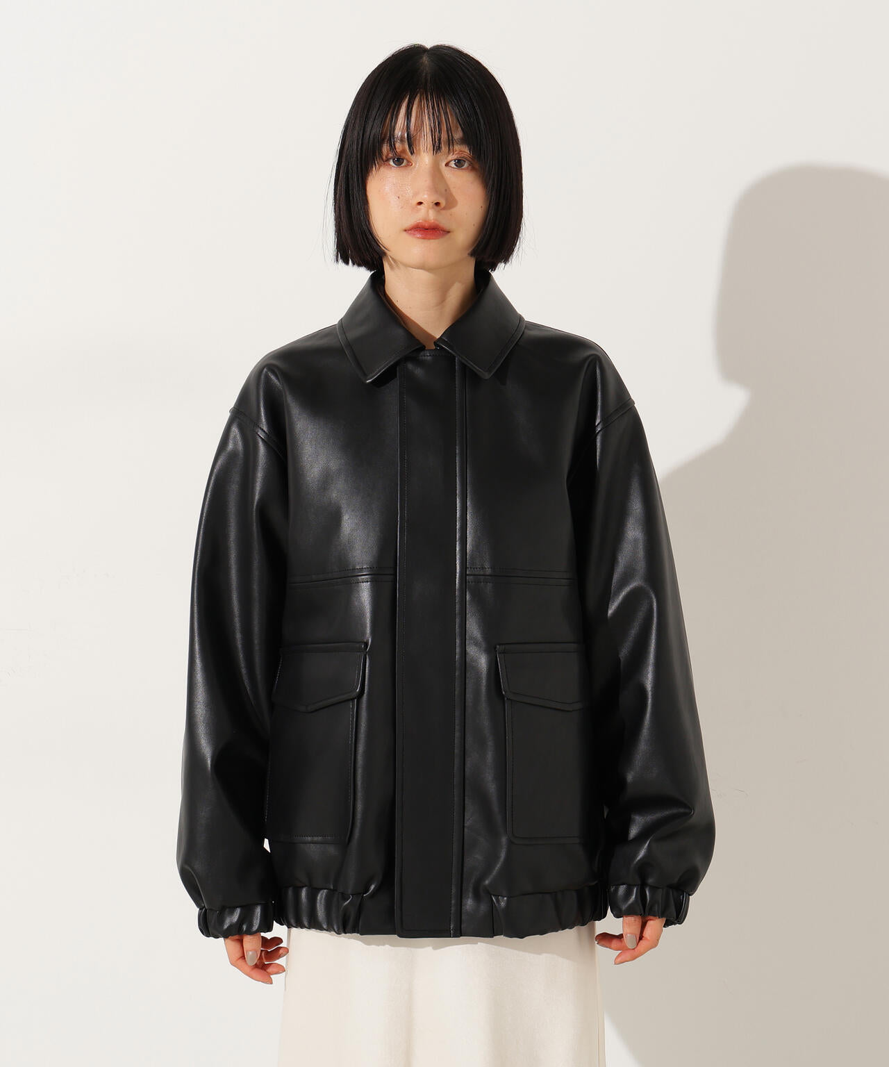 ステンカラーフェイクレザーブルゾン0 ブラックオンライン完売 フェイクレザーステンカラーブルゾン | N. Natural Beauty Basic