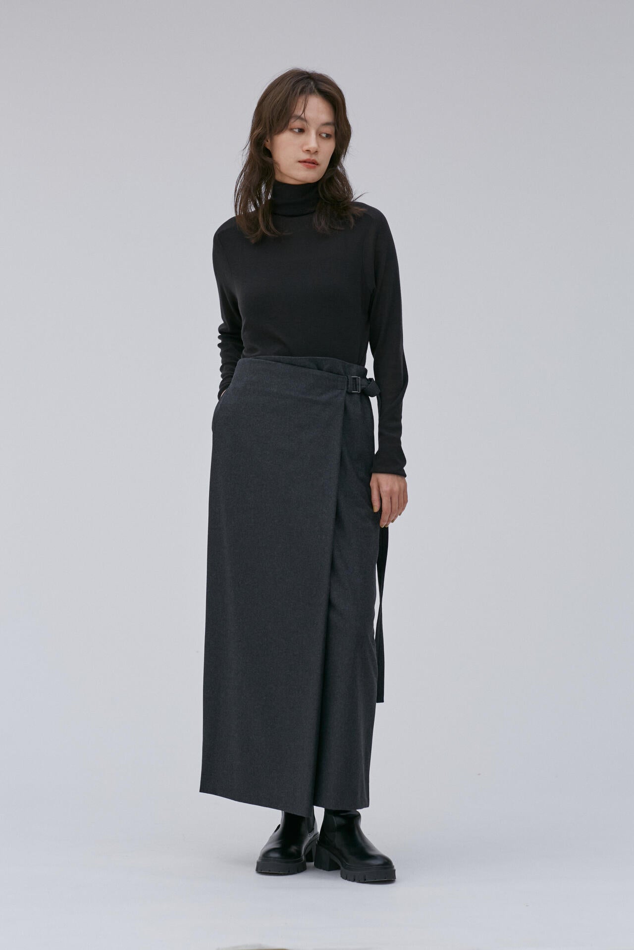 新品 ATON WRAPPED SKIRTS BLACK 02 ATON / MERINO COLLEGE FLANNEL WRAP SKIRT | THE LIBRARY（ザ