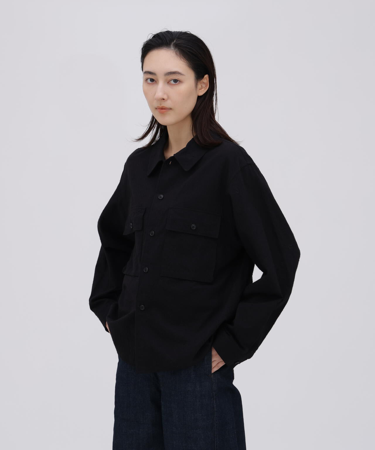 blurhms ブラックシャツ サイズ3 別注] blurhms / SILK COTTN NEP PLAID MILITARY SHIRT | THE LIBRARY