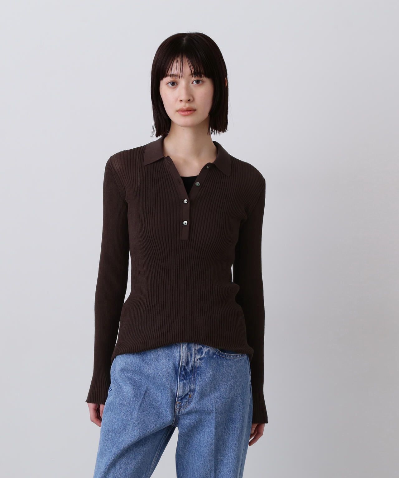YLÈVE / SHEER RIB KNIT LONG SLEEVE POLO