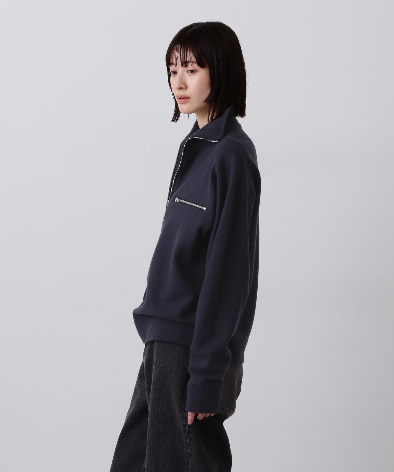 YLÈVE / ULTRAFINE MERINO MILLED WOOL KNIT HALF ZIP PULL OVER