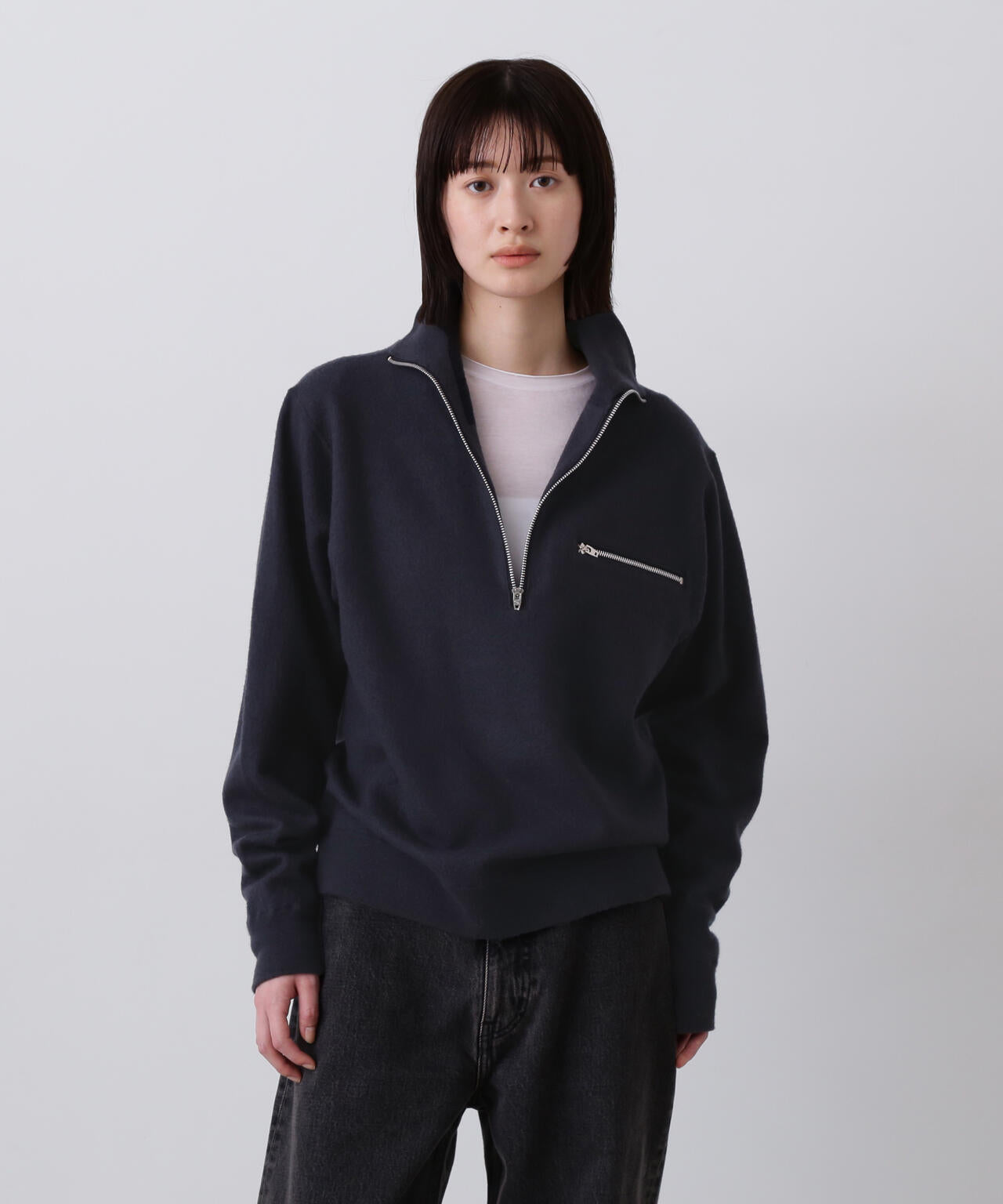 YLÈVE / ULTRAFINE MERINO MILLED WOOL KNIT HALF ZIP PULL OVER