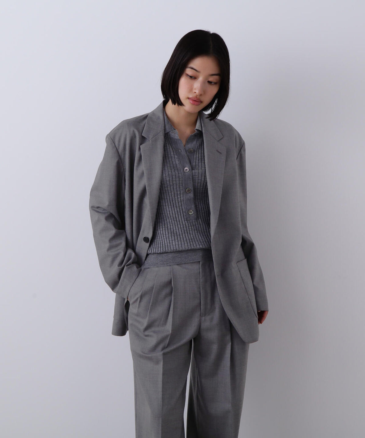IENA LA BOUCLE メランジウールカラーレスジャケット（ノーカラー 