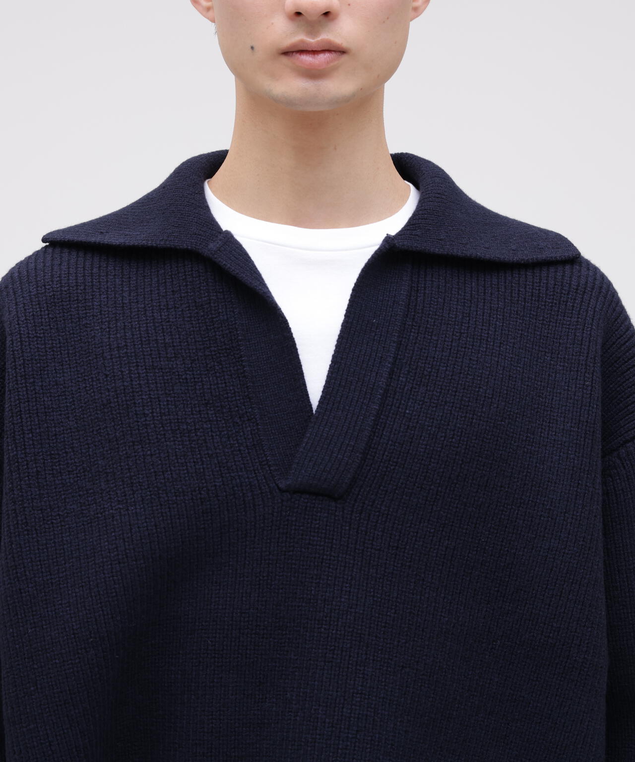 STUDIO NICHOLSON ニットパーカー ネイビー STUDIO NICHOLSON / LAMBSWOOL RIB POLO COLLAR JUMPER | THE LIBRARY