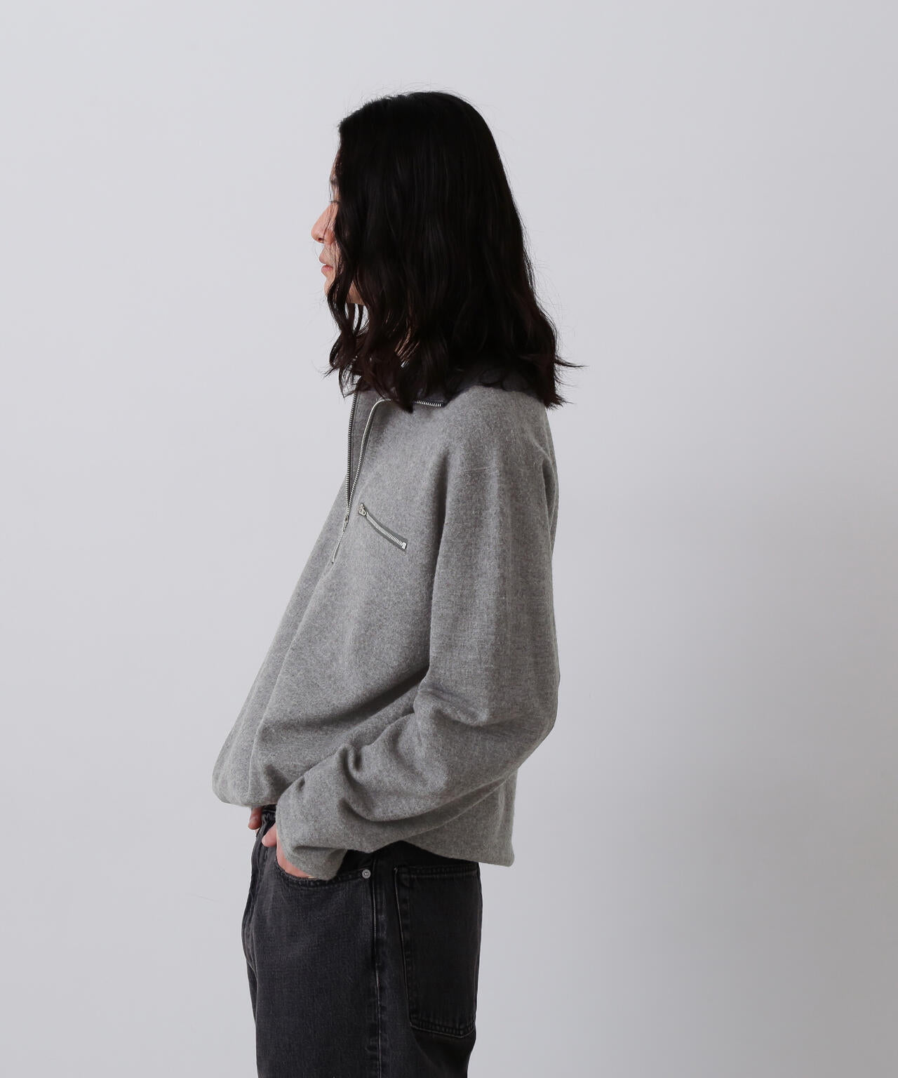 YLÈVE / ULTRAFINE MERINO MILLED WOOL KNIT HALF ZIP PULL OVER