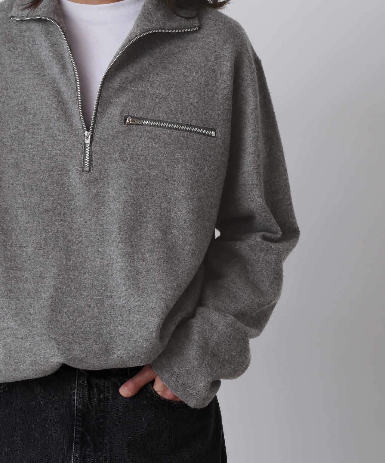 YLÈVE / ULTRAFINE MERINO MILLED WOOL KNIT HALF ZIP PULL OVER