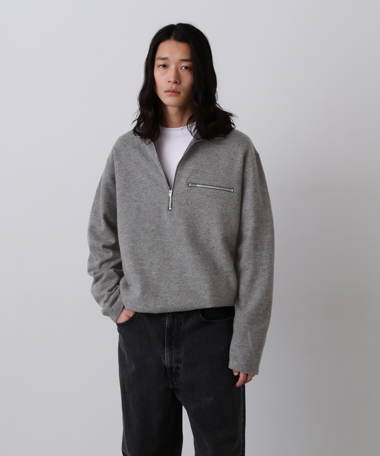 YLÈVE / ULTRAFINE MERINO MILLED WOOL KNIT HALF ZIP PULL OVER