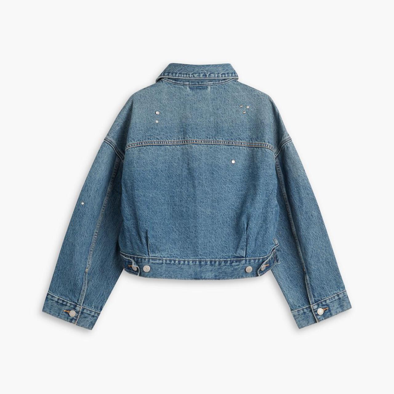 美品  ラインストーン デニムジャケット スリーストライプ ロゴ総柄 LOOSE CROP TRUCKER ラインストーン ｜【公式】通販mix.tokyo