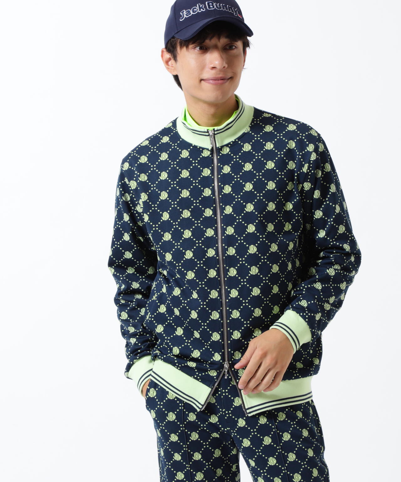 JACKBUNNY フルジップジャケット ネイビー/グリーン ロゴ モノグラムジャガードブルゾン | Jack Bunny!!（ジャックバニー