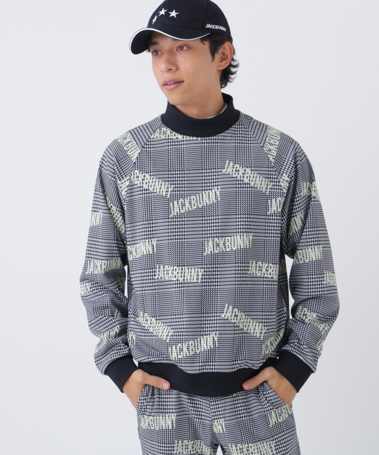 新品タグ付き　JACKBUNNY メンズ モックネックシャツ サイズL グレンチェックジャガード長袖モックネック (MENS) | Jack Bunny