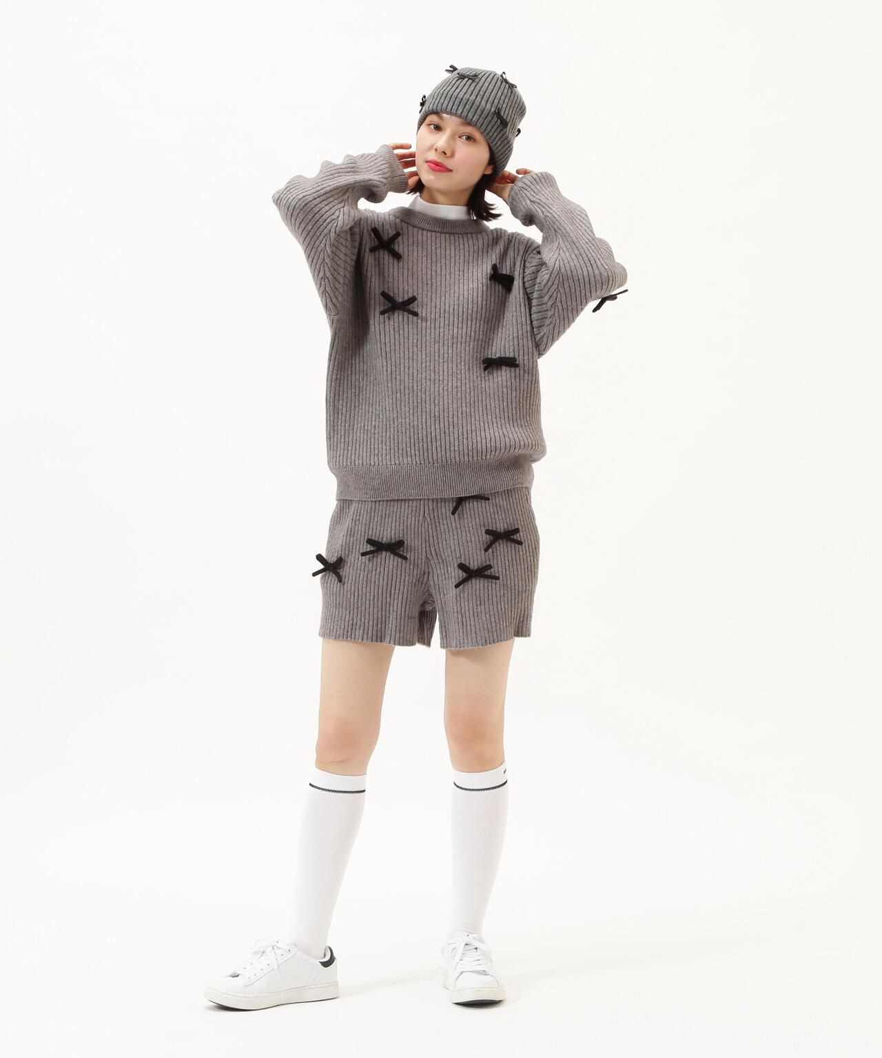 7G2PLY袋編み リボン付きニットショートパンツ