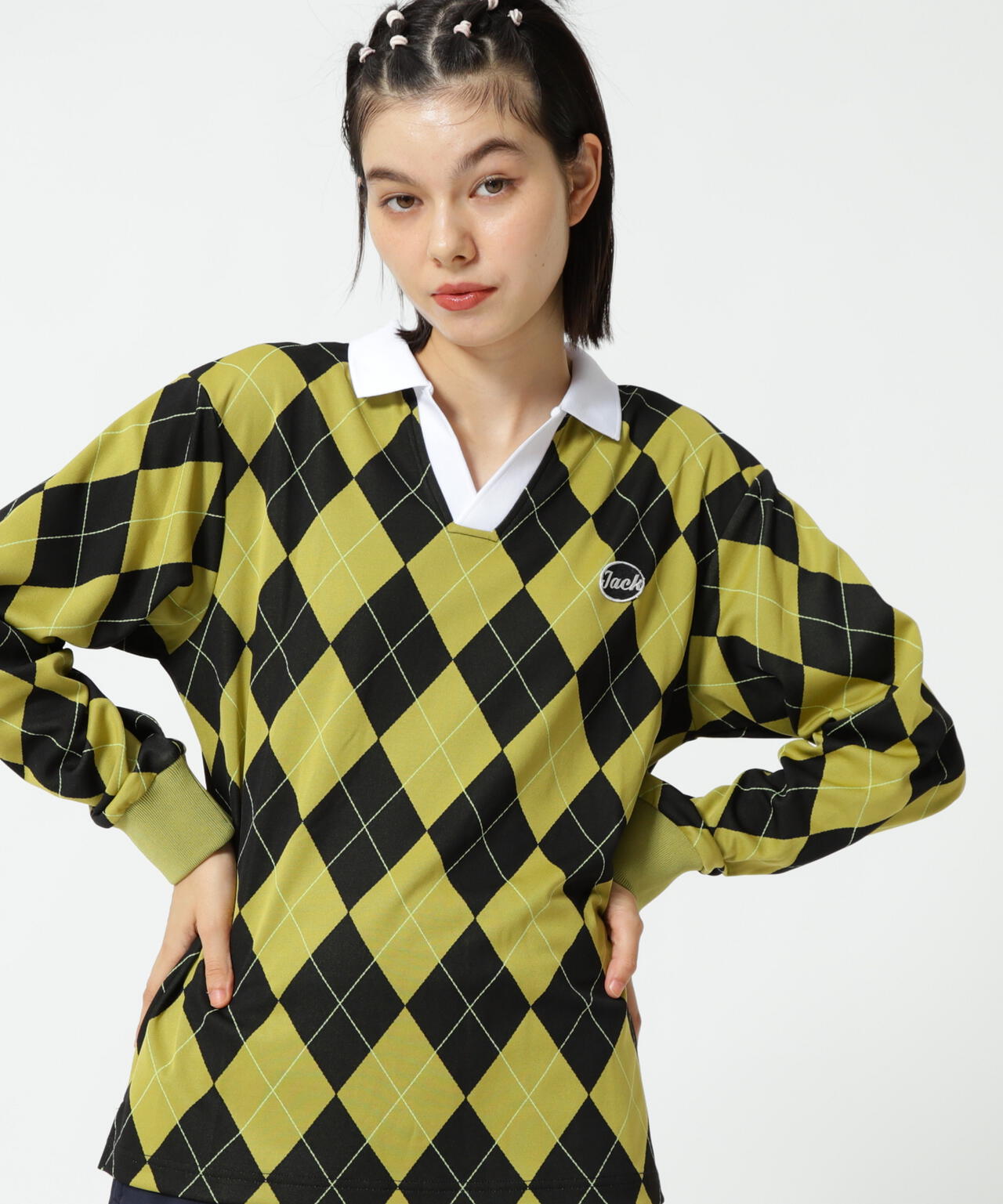 アーガイルジャガード長袖ポロシャツ