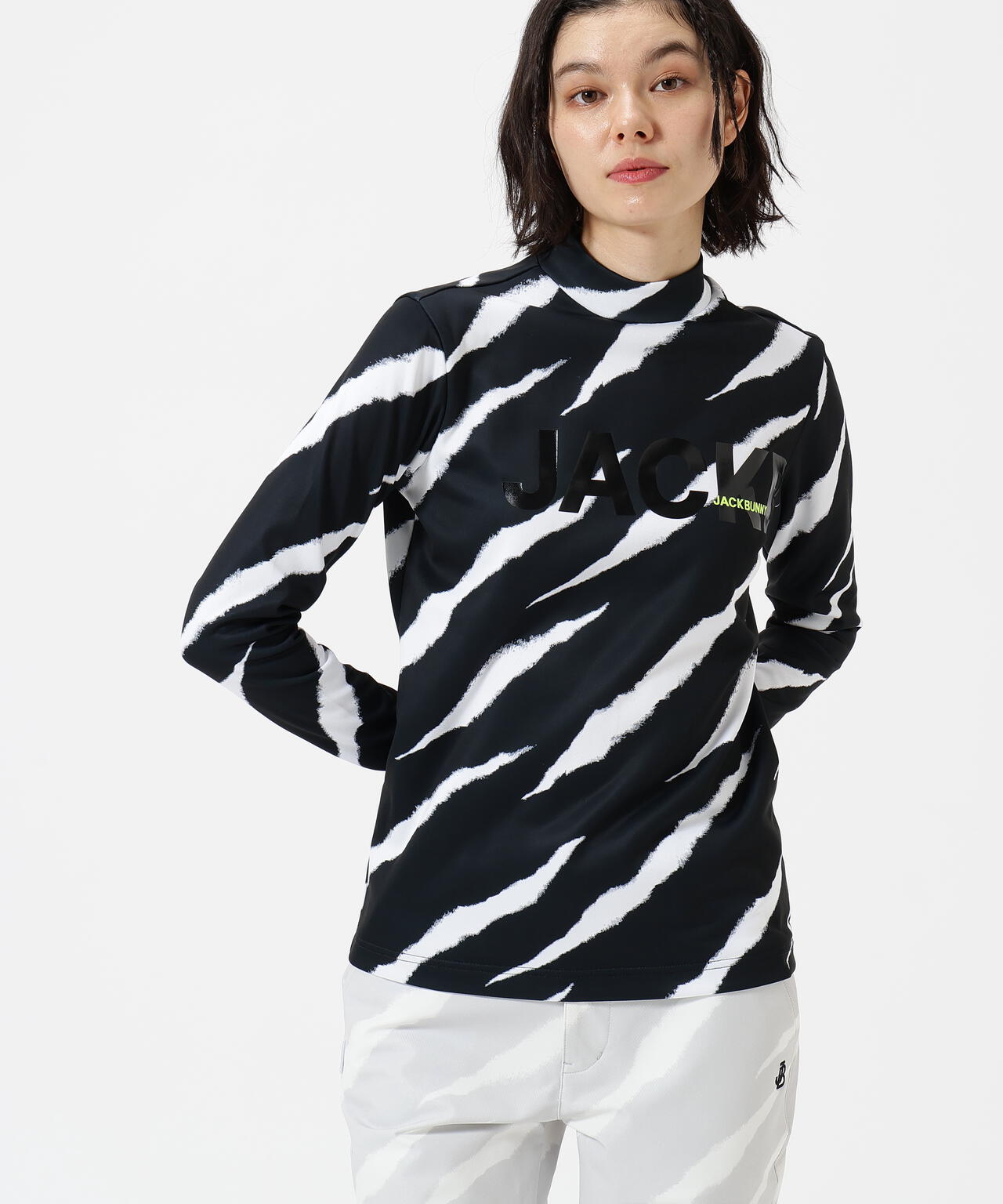 美品　ジャックバニー ロゴプリント　モックネック サイズ(4)M 黒 KARUISHI長袖モックネックカットソー | Jack Bunny!!（ジャック