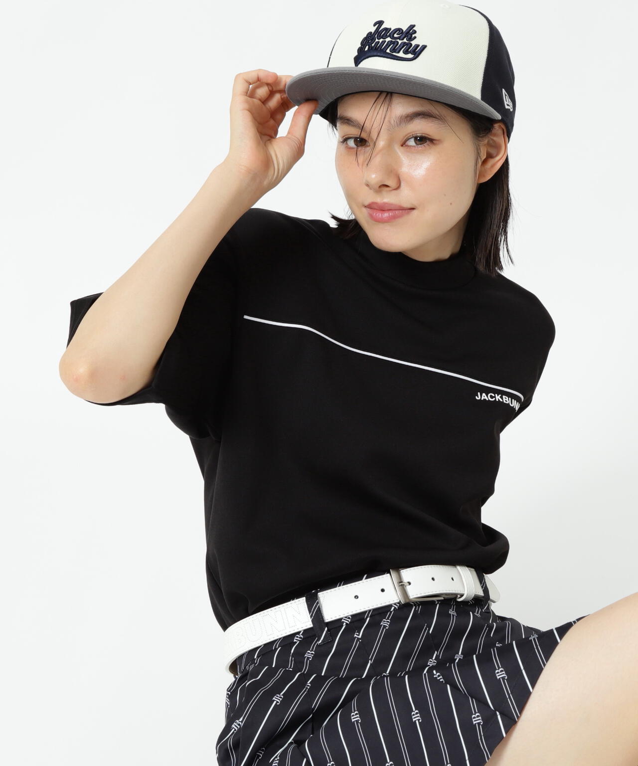 天竺ポンチ五分袖モックネック