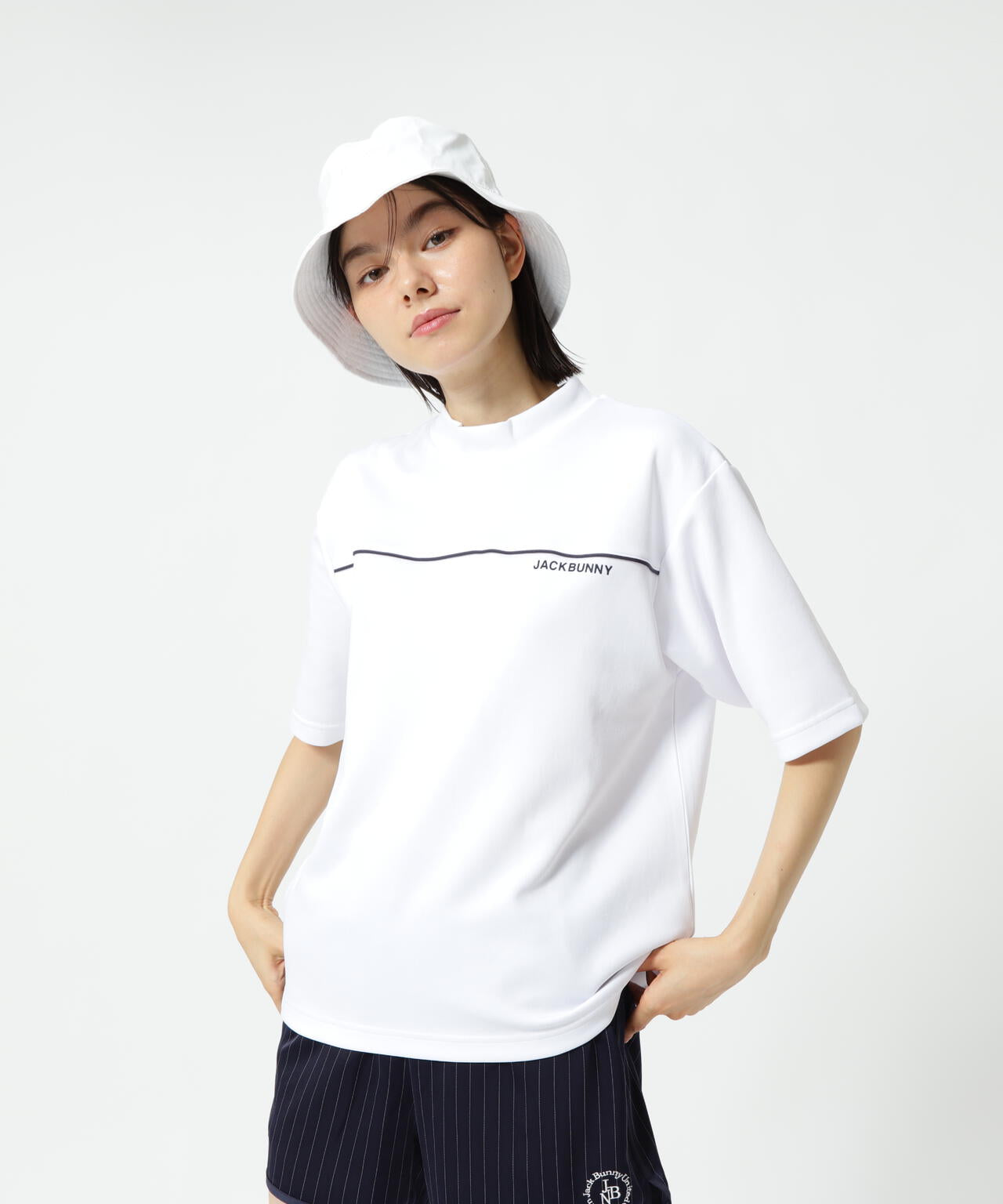 天竺ポンチ五分袖モックネック