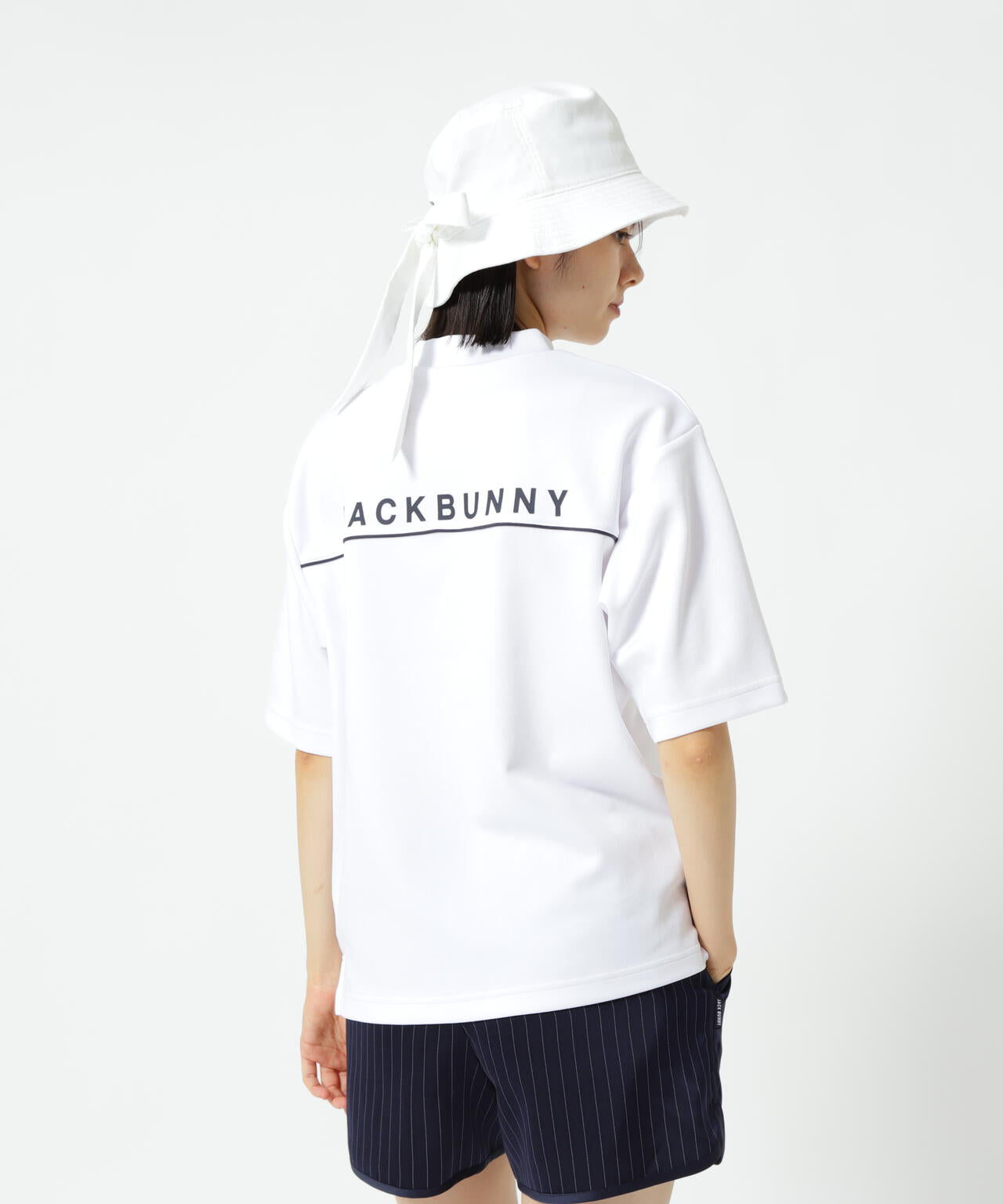 天竺ポンチ五分袖モックネック