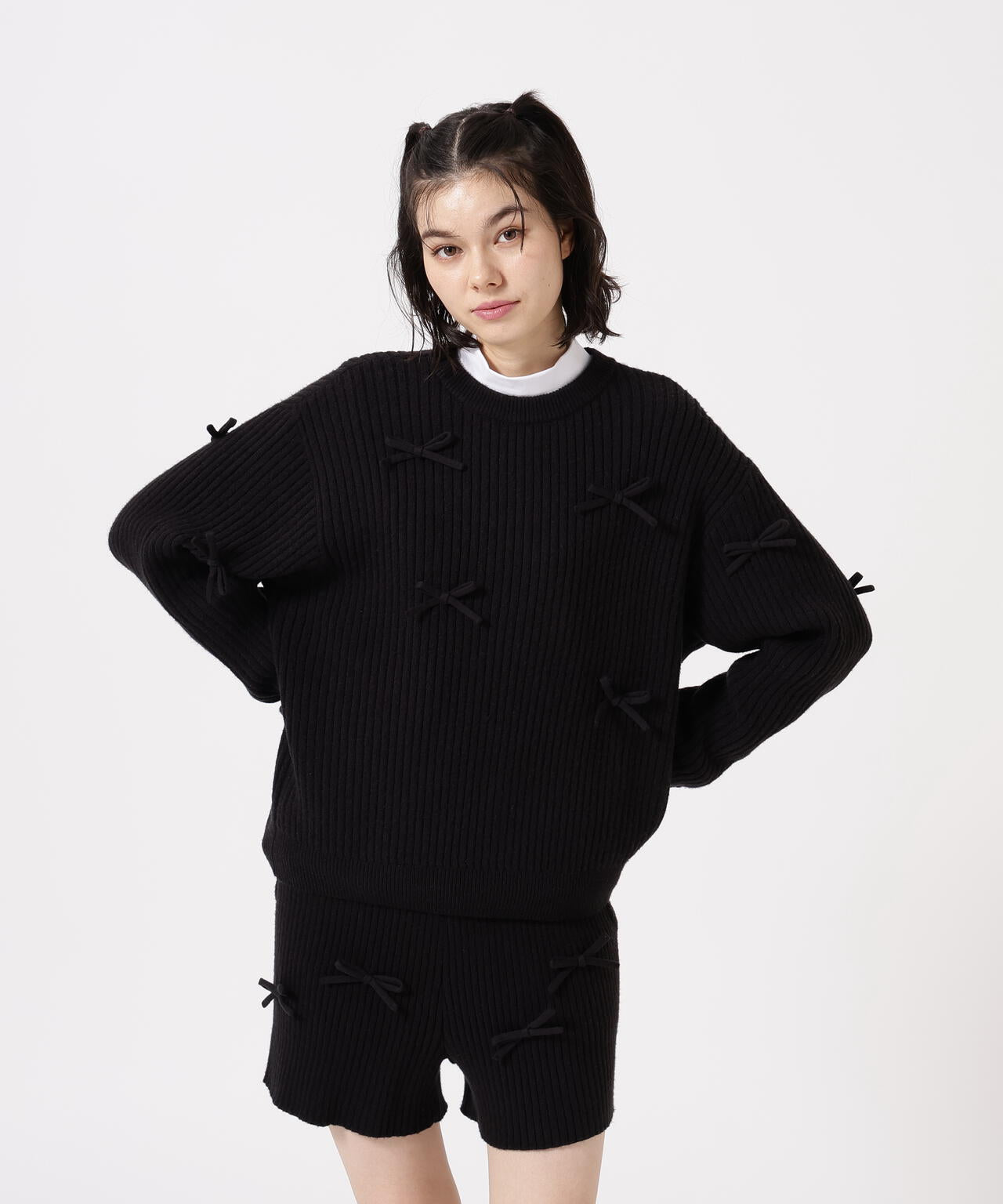7G2PLY袋編み リボン付きクルーネックニットプルオーバー