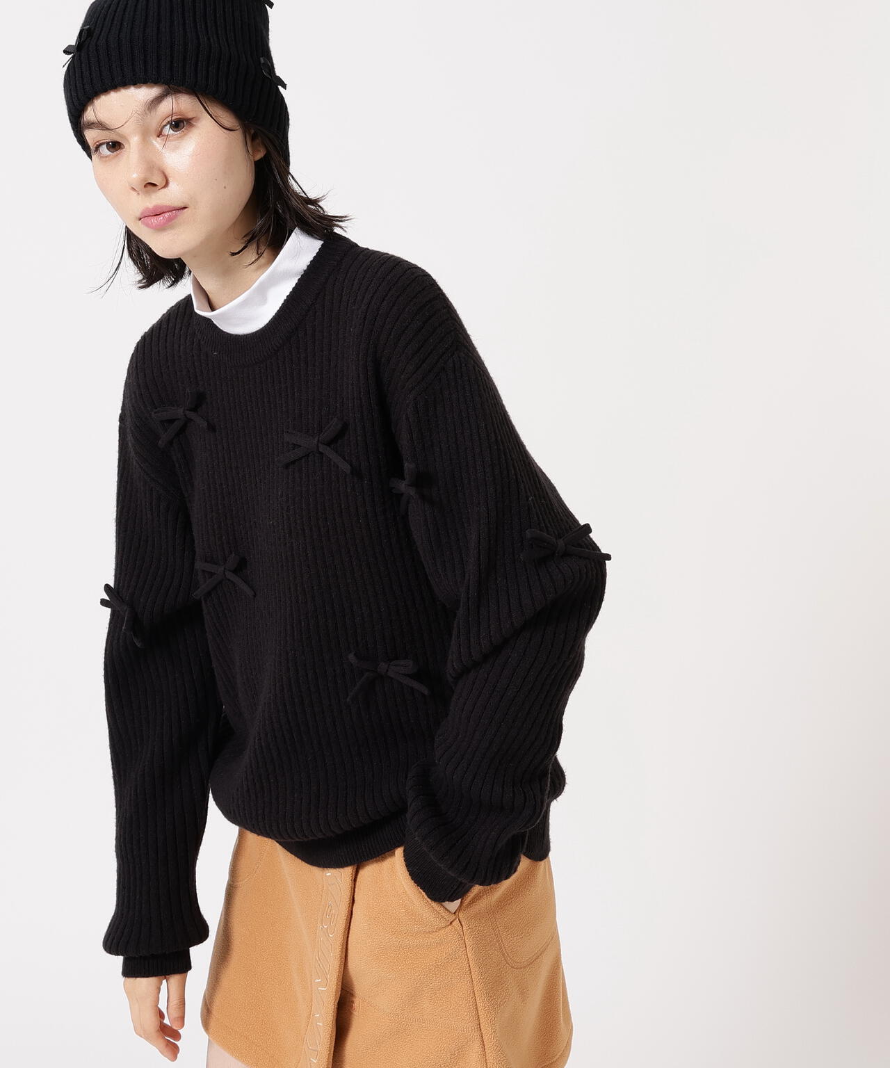 7G2PLY袋編み リボン付きクルーネックニットプルオーバー