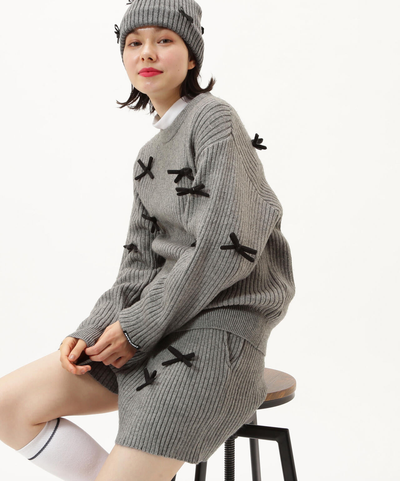 7G2PLY袋編み リボン付きクルーネックニットプルオーバー