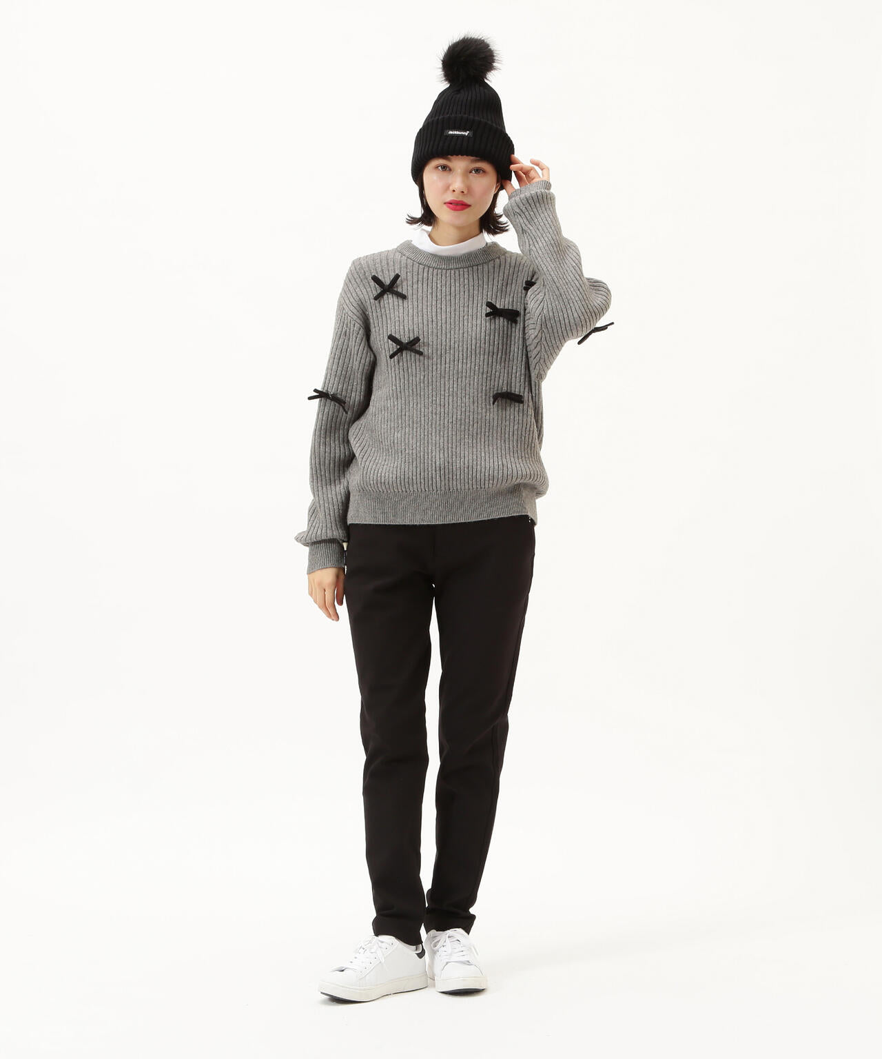 7G2PLY袋編み リボン付きクルーネックニットプルオーバー