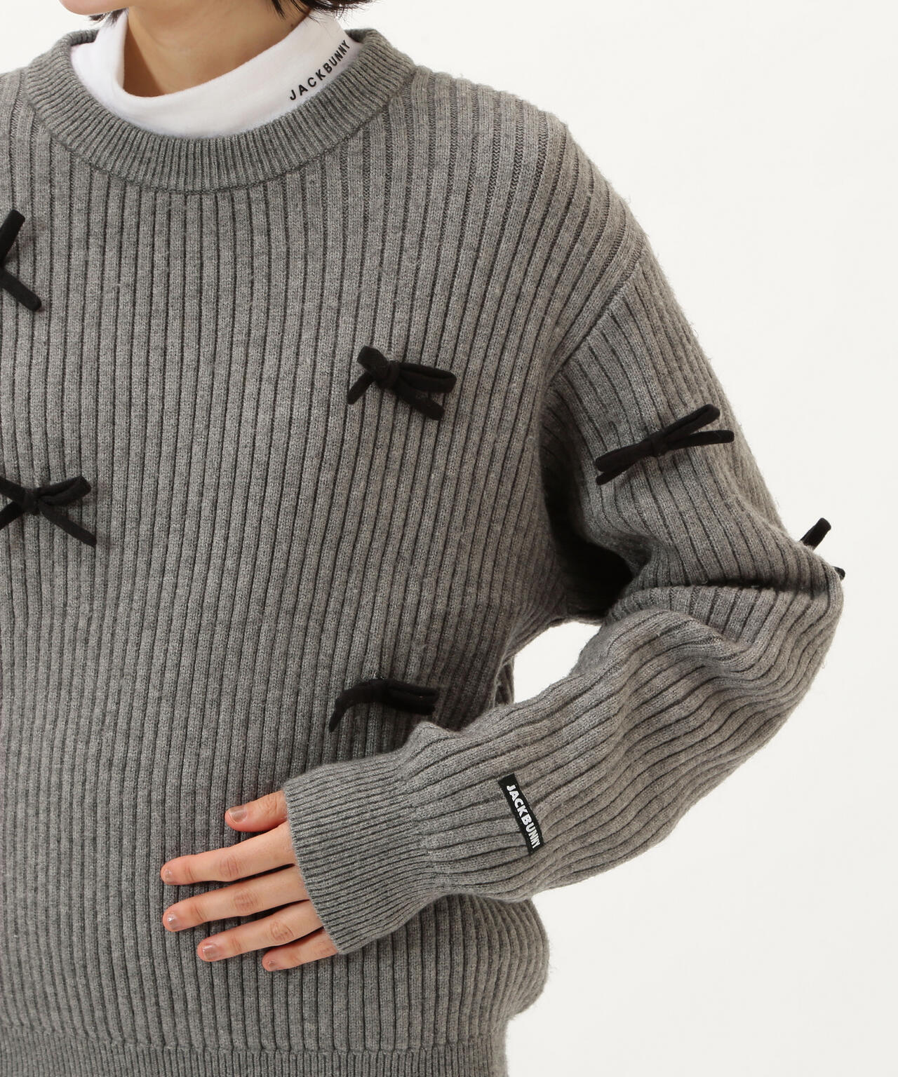 7G2PLY袋編み リボン付きクルーネックニットプルオーバー