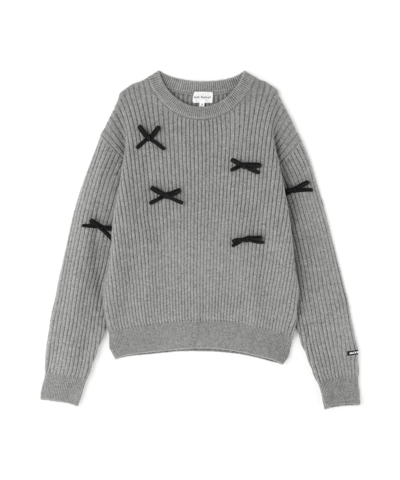 7G2PLY袋編み リボン付きクルーネックニットプルオーバー