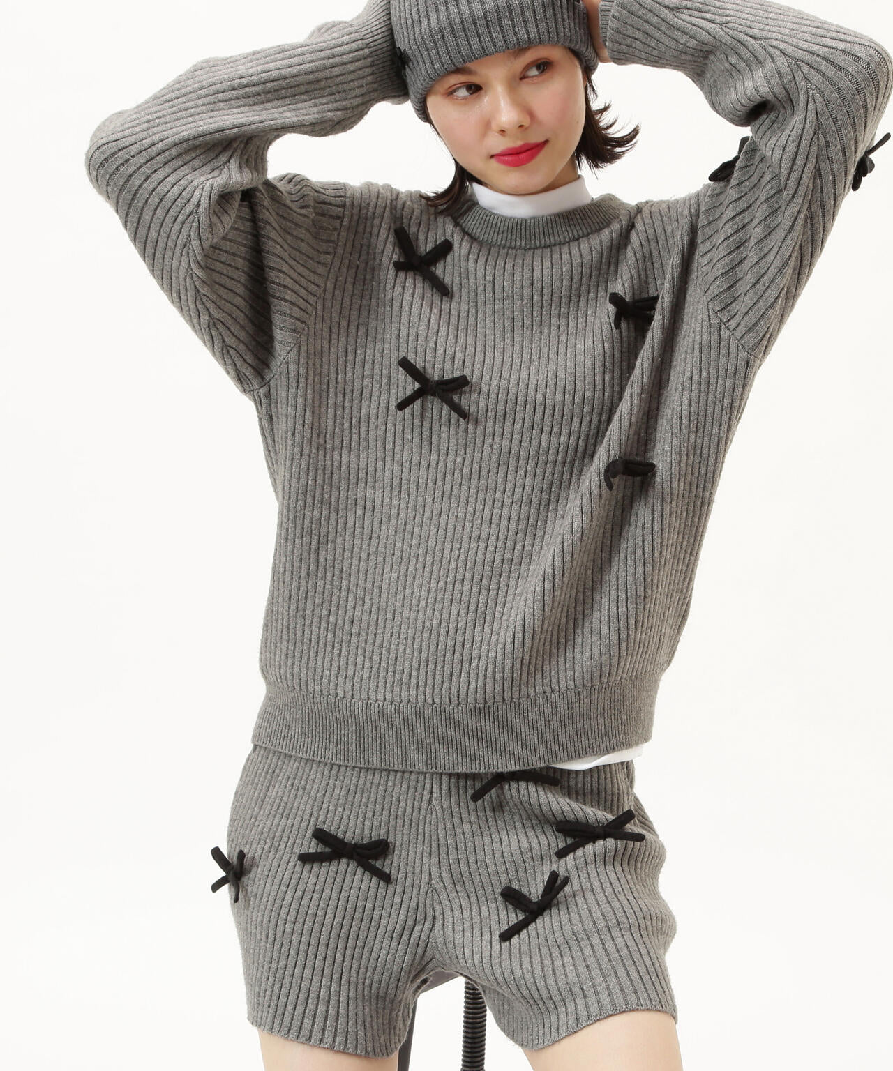7G2PLY袋編み リボン付きクルーネックニットプルオーバー