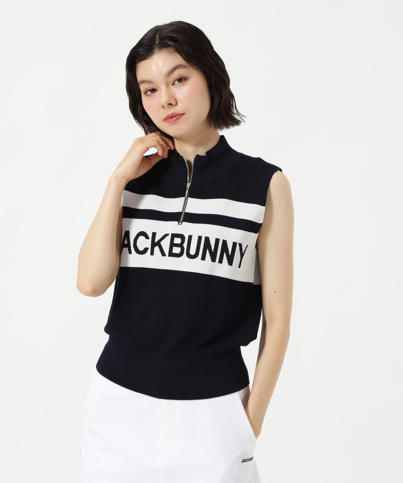 ハーフジップアップノースリーブニットプルオーバー