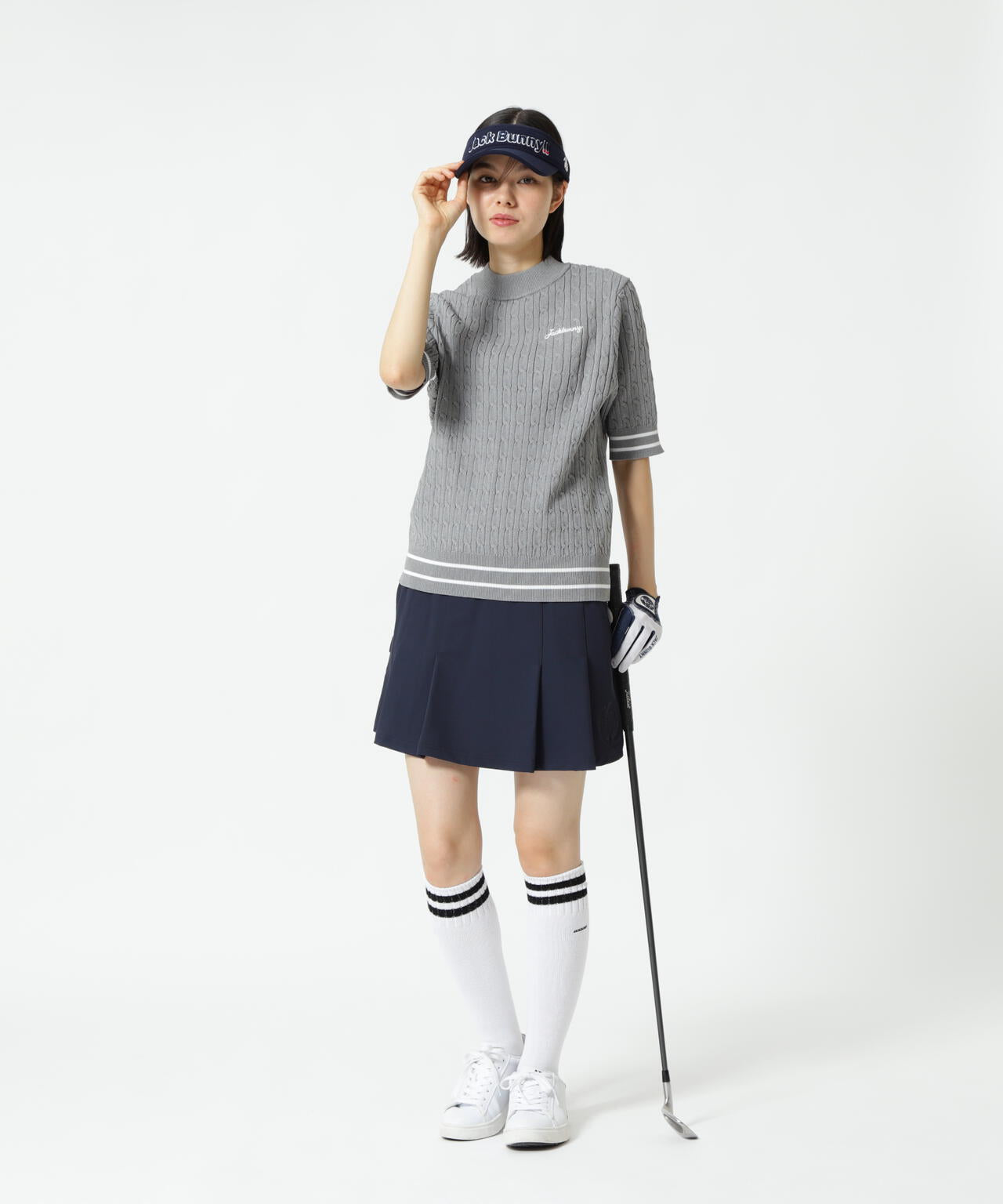 新品　ジャックバニー　半袖ニット　ポリエステル　モックネック　青　サイズ5 新品 ジャックバニー 半袖ニット ポリエステル モックネック 青 サイズ