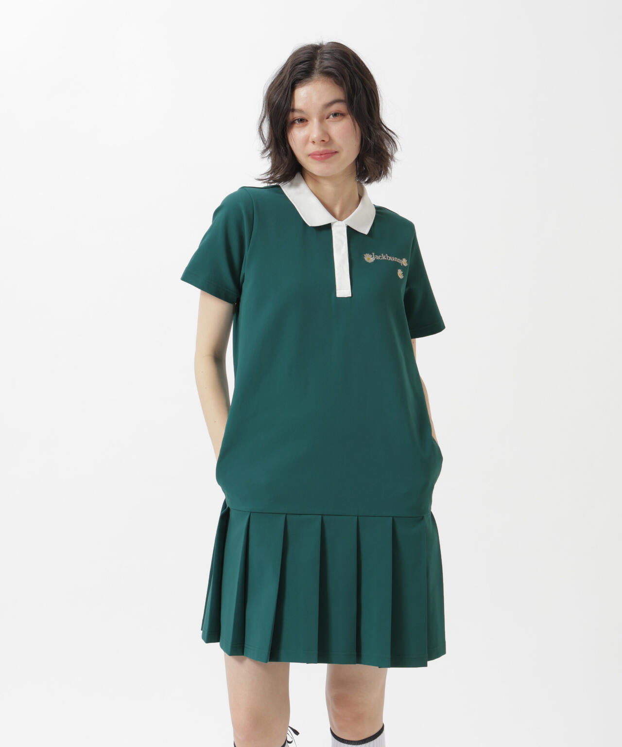 CINEMA MONOTONE】2WAYグリッドストレッチFlower半袖ポロワンピース