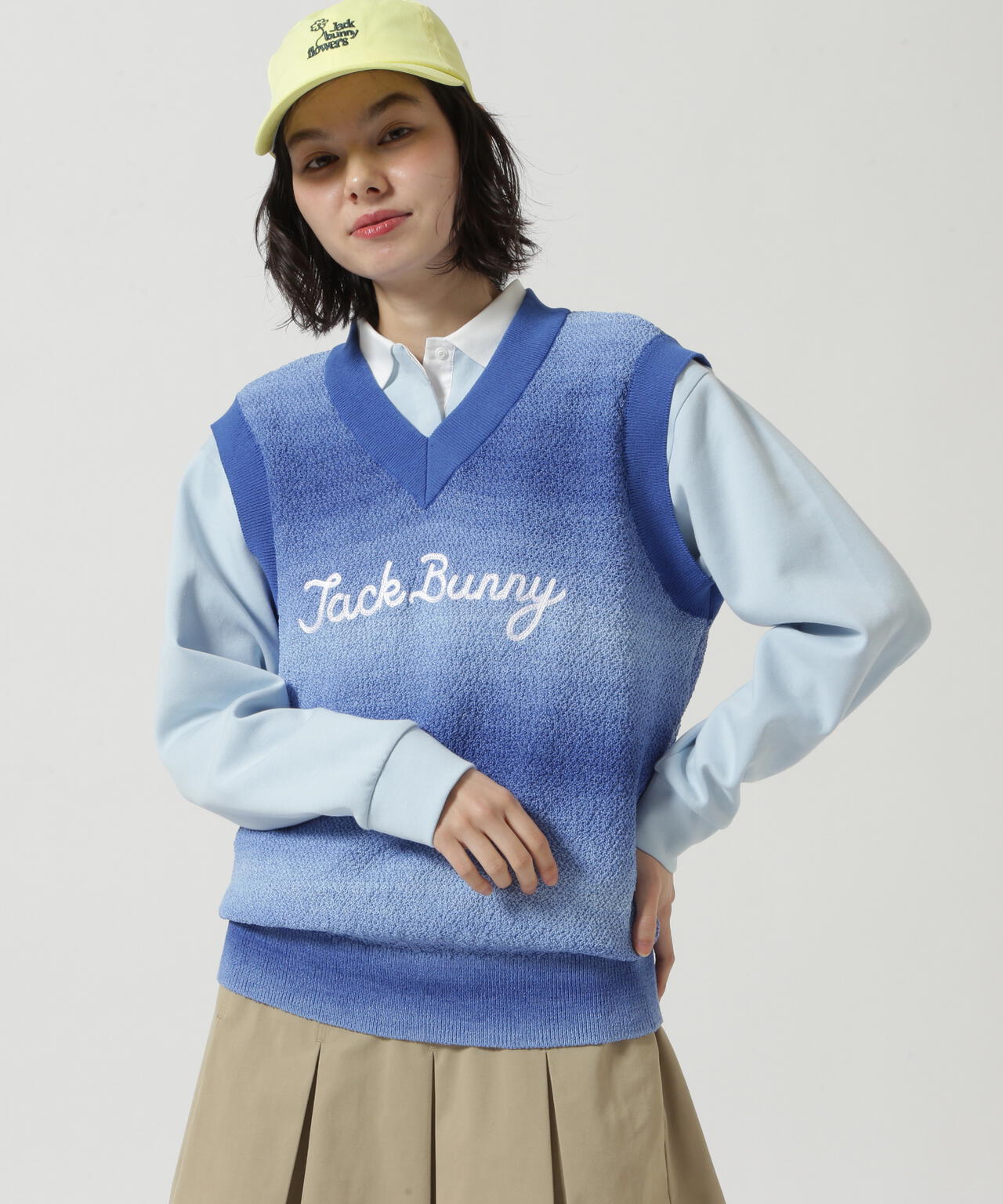 カノコ編みPEVネックニットベストプルオーバー