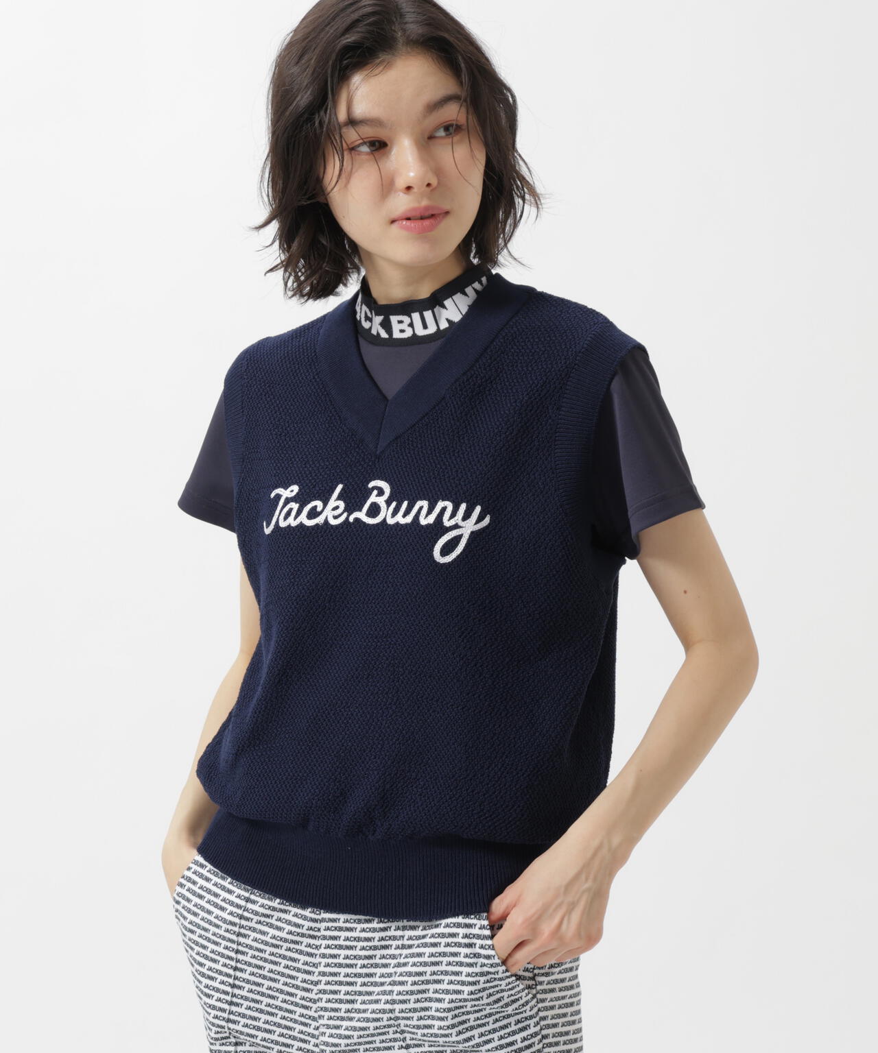 JACK BUNNY ダークネイビー ベスト カノコ編みPEVネックニットベストプルオーバー | Jack Bunny