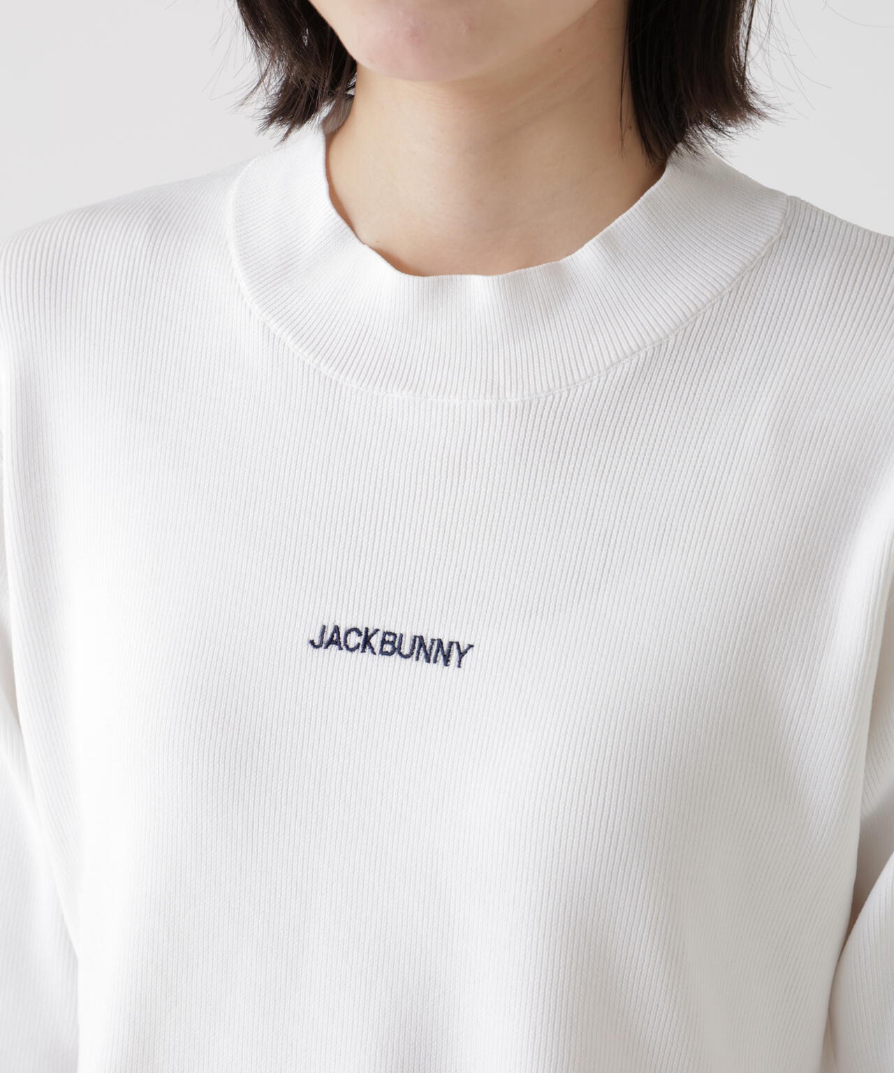 Jack Bunny!! モックネックセーター ホワイト イージーケアフレア半袖モックネックニット (WOMENS) | Jack Bunny
