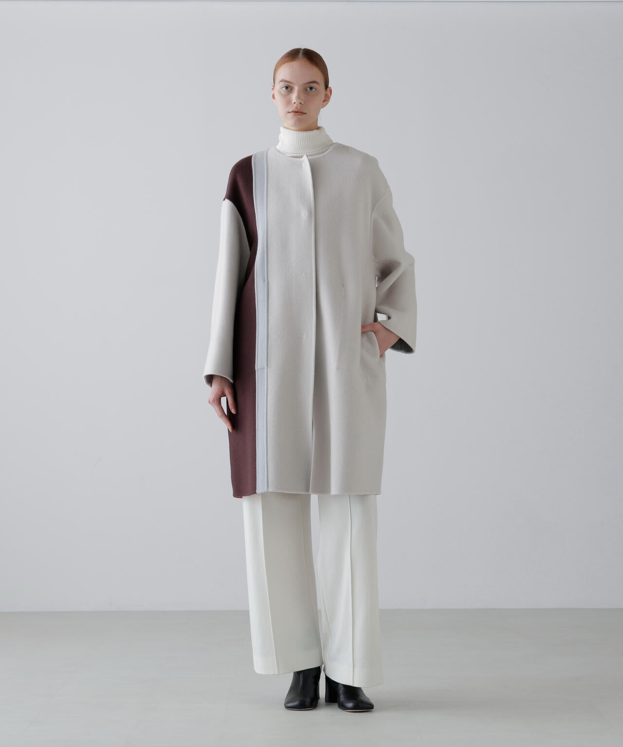 ADORE アドーア 2TONEリバーノーカラーコート グレー 羊毛 カシミヤ Ca混2TONEリバーノーカラーコート | ADORE（アドーア