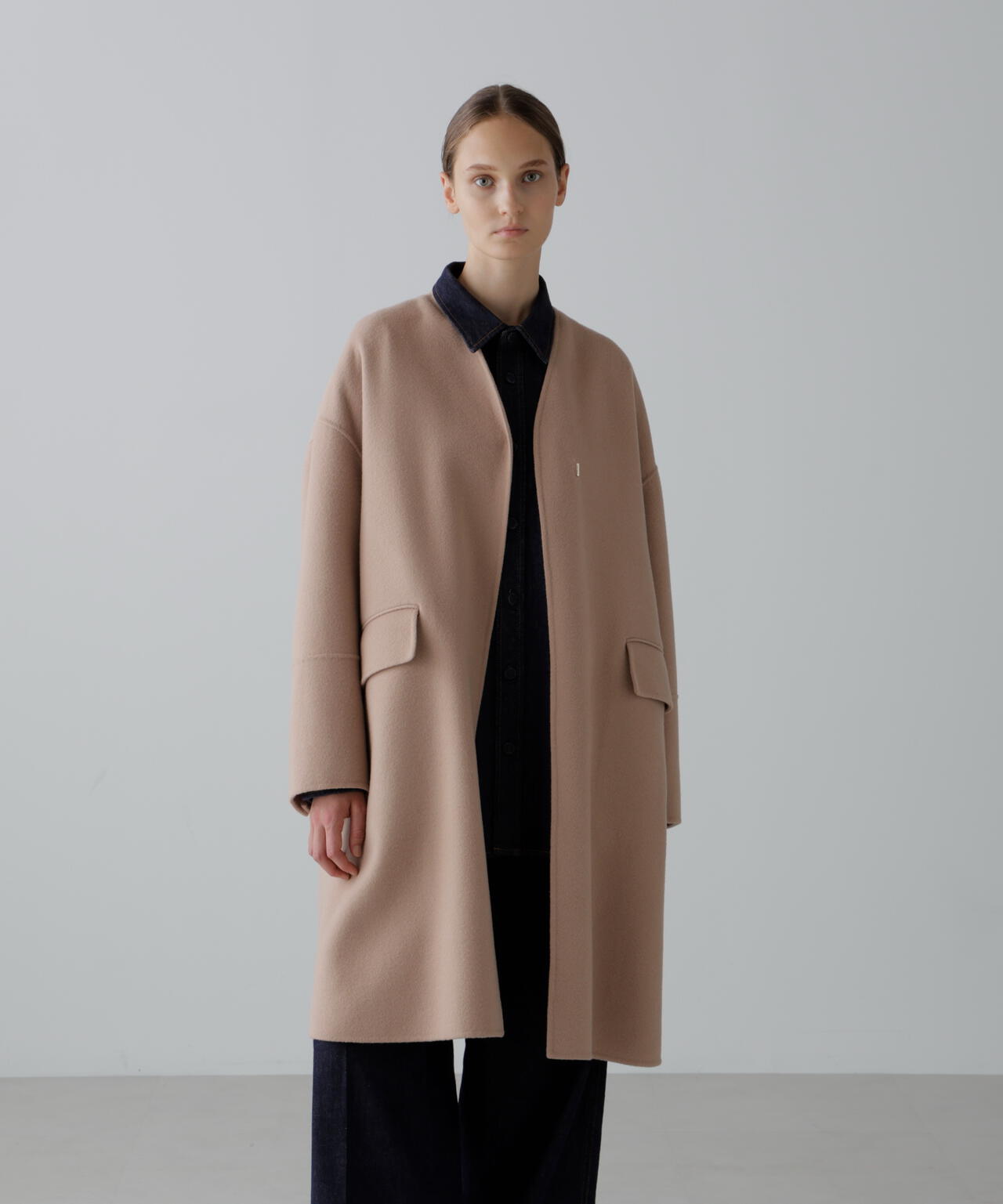 ソリッドウールリバーノーカラーコート