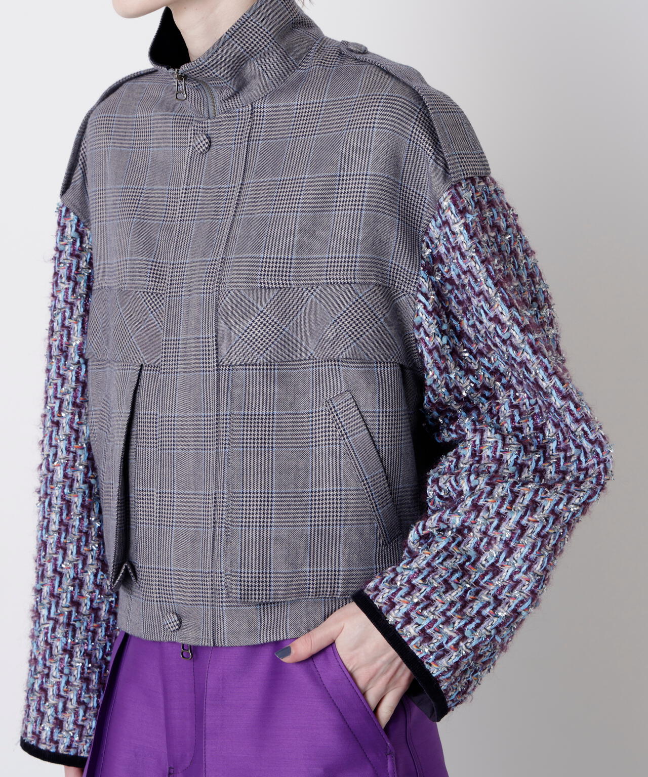 Tweed Sleeve Stand Zip UP JK