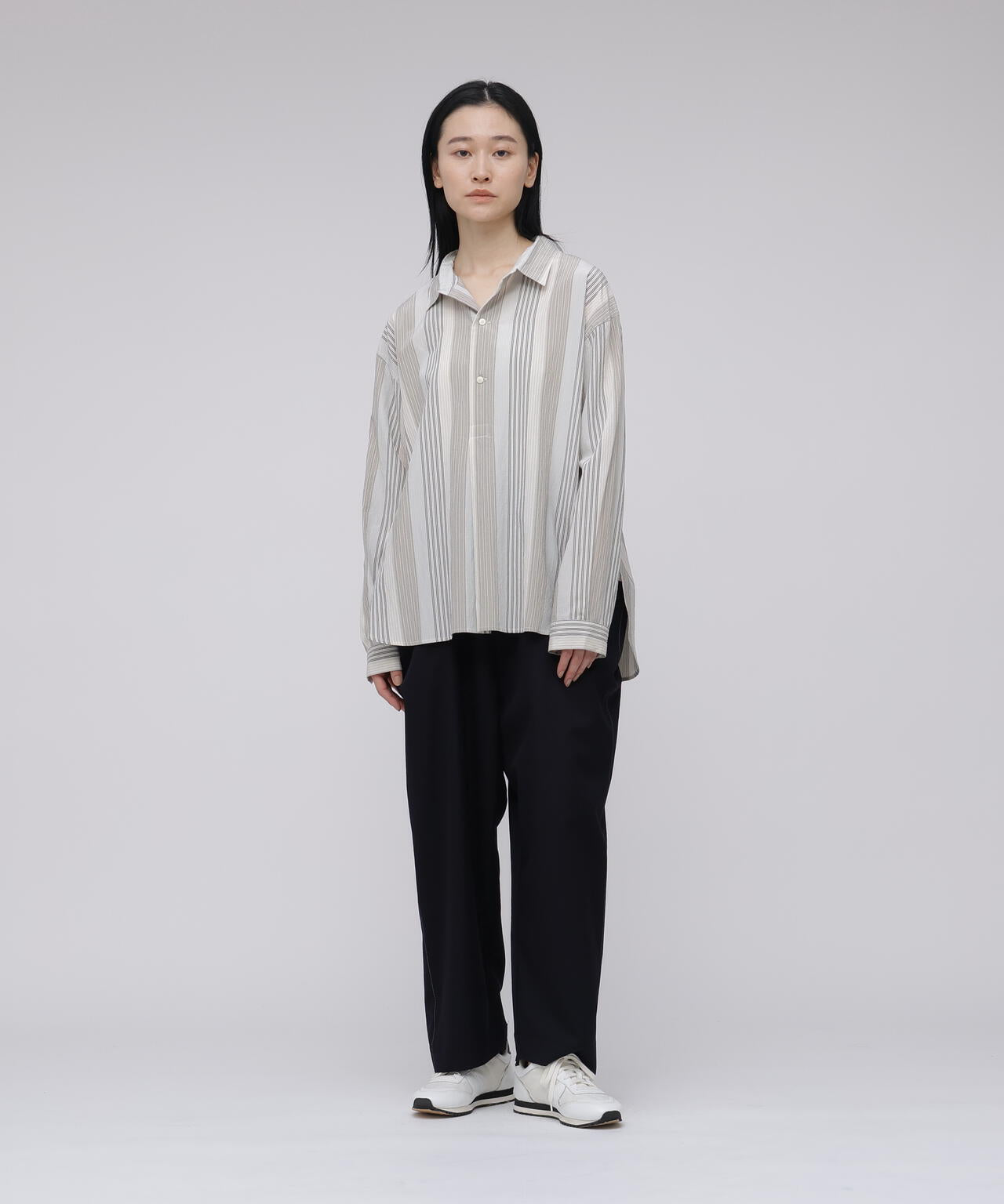 quitan / COTTON SILK 'STRIKE-OFF' STRIPE SMALL COLLAR PULLOVER SHIRT