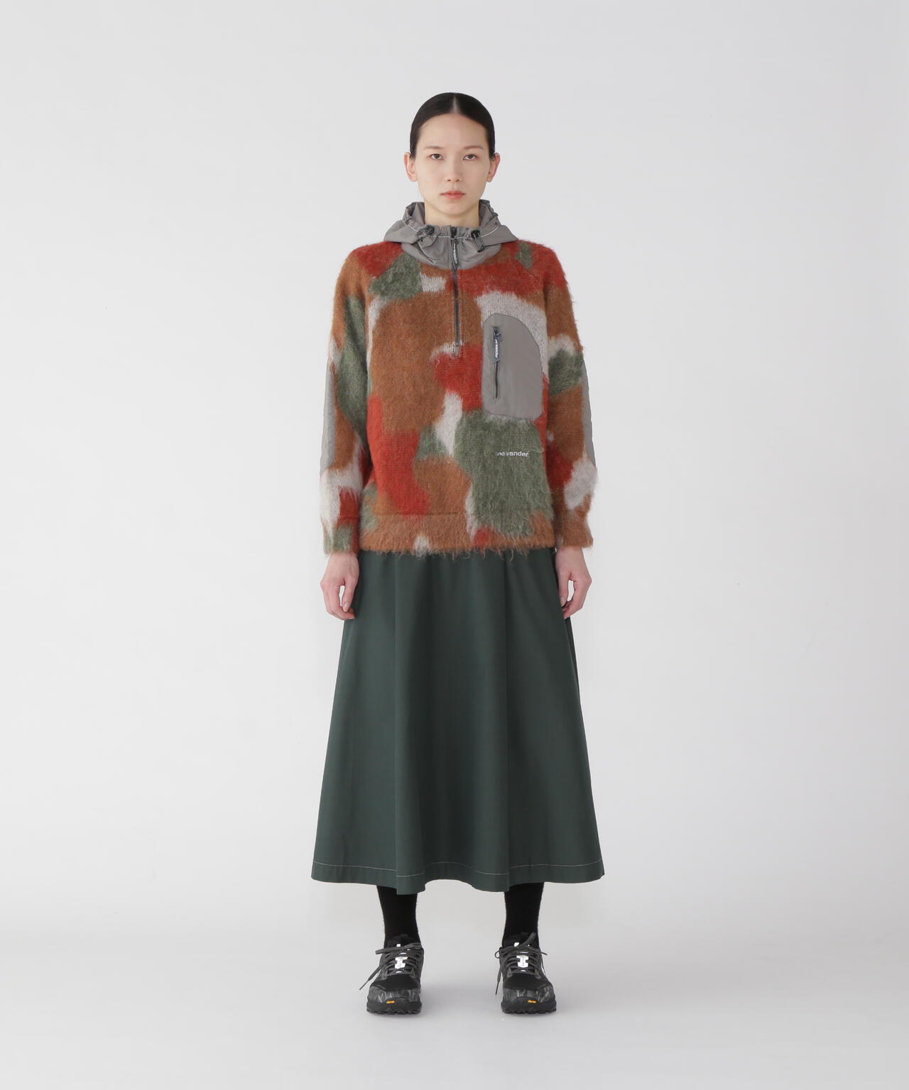 mix color shaggy knit hoodie | and wander（アンドワンダー